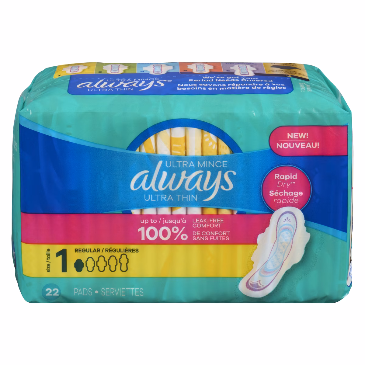 Serviettes féminines Ultra Thin, degré dabsorption régulier, avec ailes, pour femmes, taille 1, non parfumées, 22 serviettes
