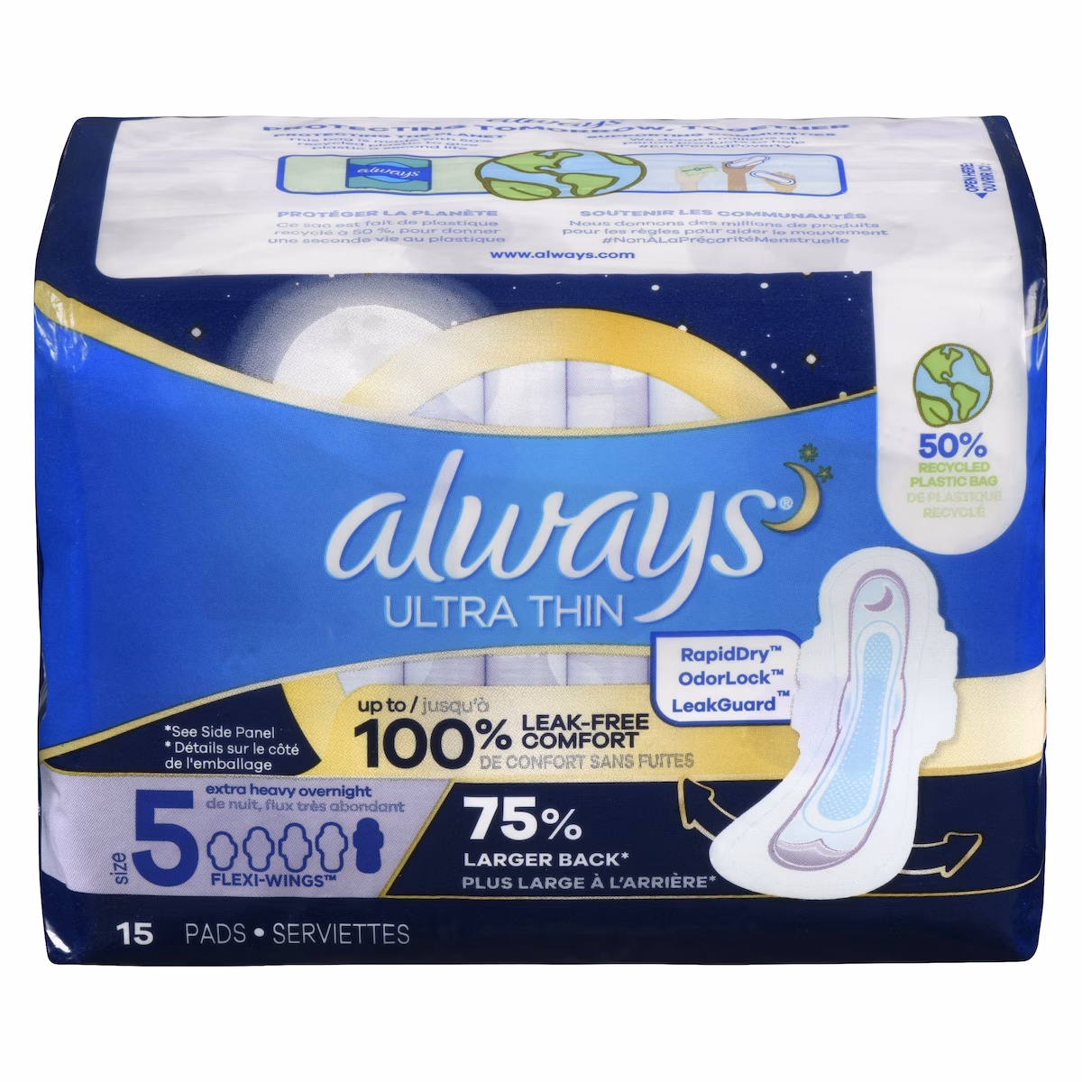 Serviettes Ultra Thin, de nuit, flux très abondant, avec ailes Flexi-Wings, taille 5, non parfumées, 15 serviettes