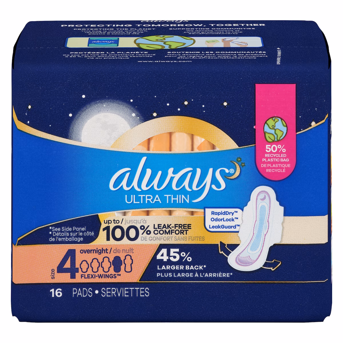 Serviettes Ultra Thin, de nuit, avec ailes Flexi-Wings, taille 4, non parfumées, 16 serviettes