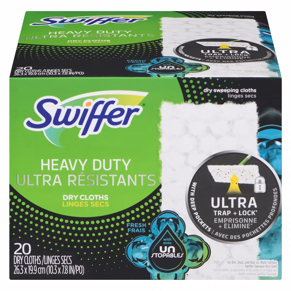 Recharges de linges secs multi-surfaces ultra résistants pour balai pour balayer et nettoyer les planchers, parfum Frais Unstopables, 20 unités