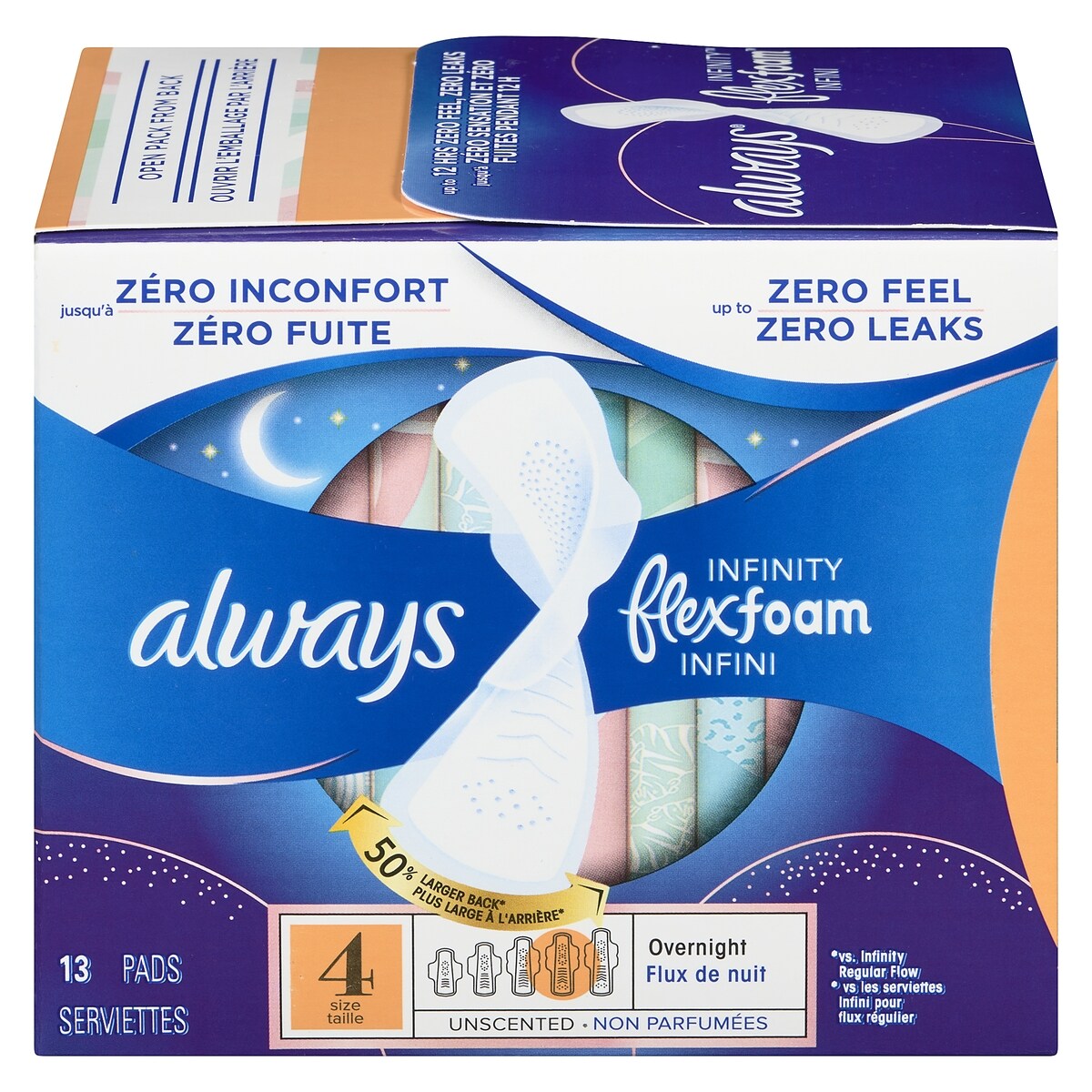 Serviettes féminines Infini pour femmes, serviettes avec ailes Flexfoam, taille 4, degré dabsorption de nuit, non parfumées, 13 serviettes