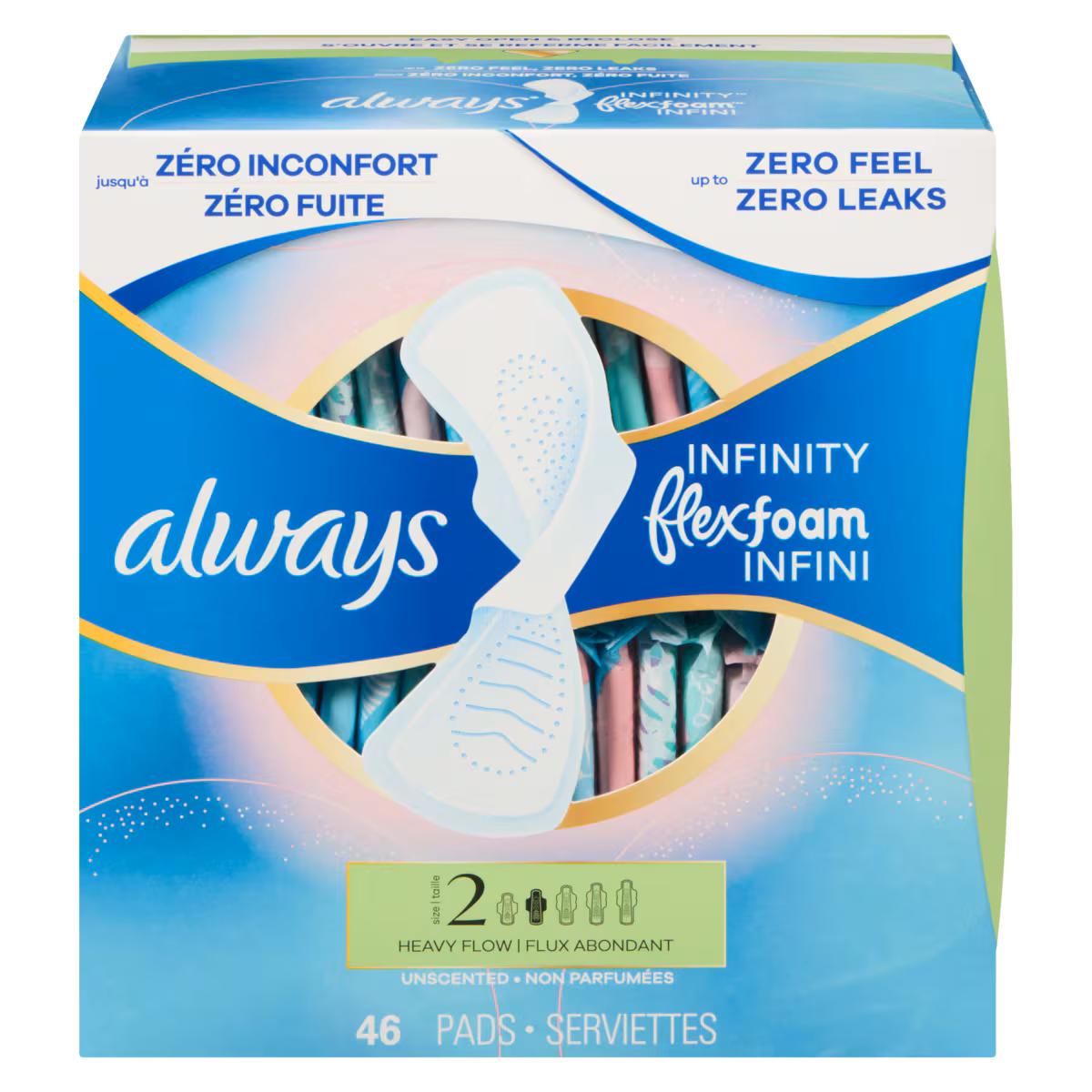 Serviettes féminines Infini pour femmes, serviettes avec ailes Flexfoam, taille 2, degré dabsorption abondant, non parfumées, 46 serviettes