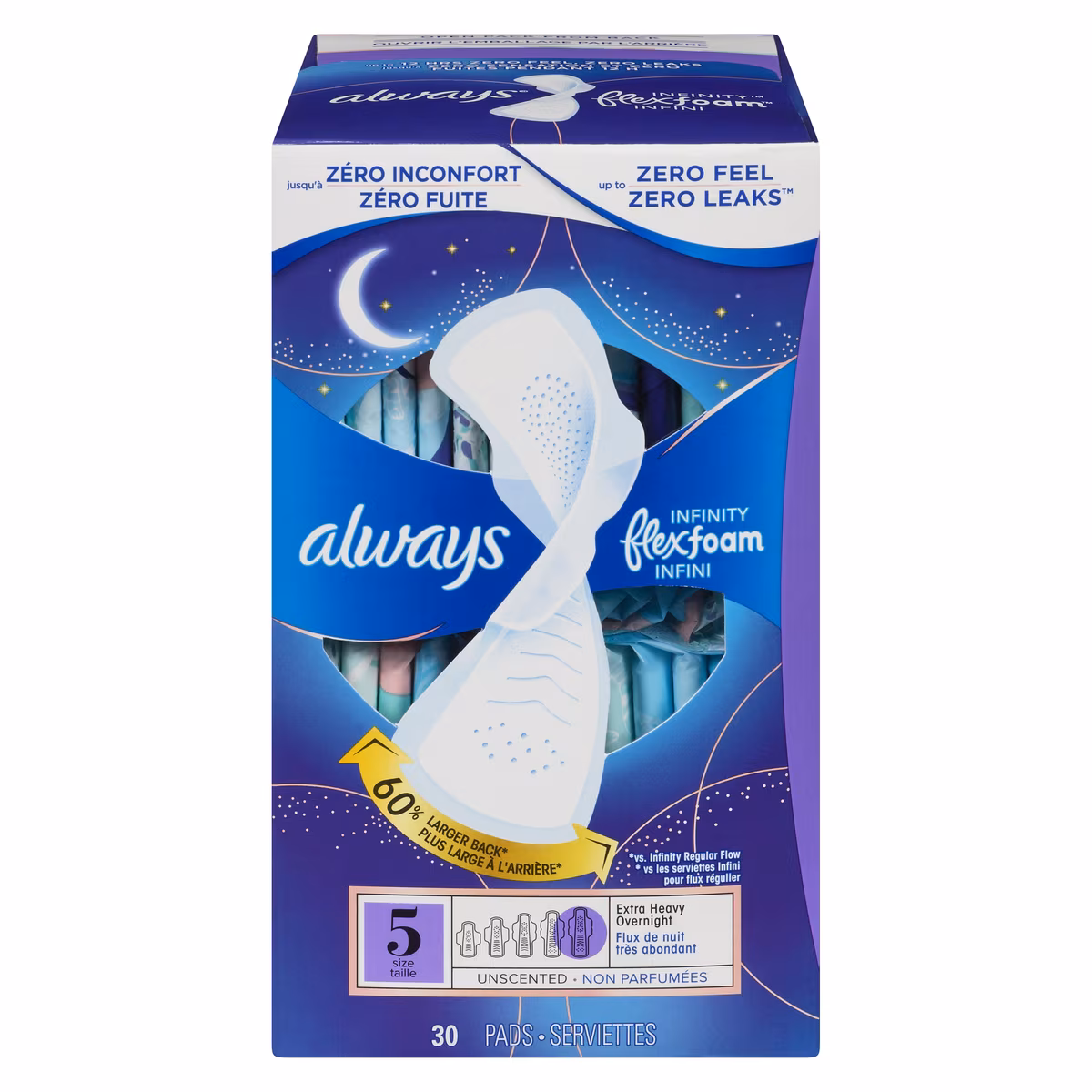Serviettes féminines Infini pour femmes, serviettes avec ailes Flexfoam, taille 5, degré dabsorption de nuit, flux très abondant, non parfumées, 30 serviettes