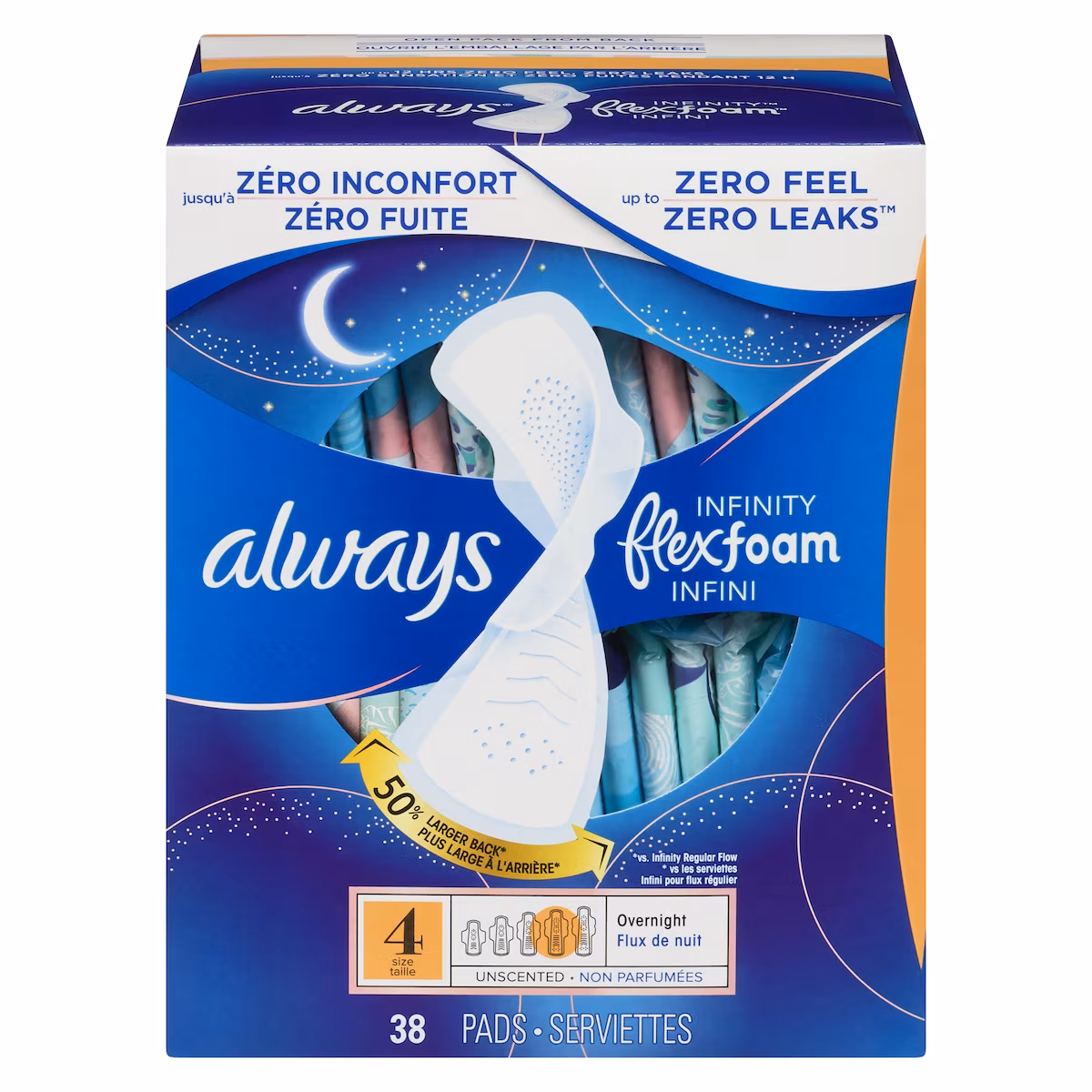 Serviettes hygiéniques infini Flexfoam, taille 4 flux de nuit, sans parfum, 38 pièces