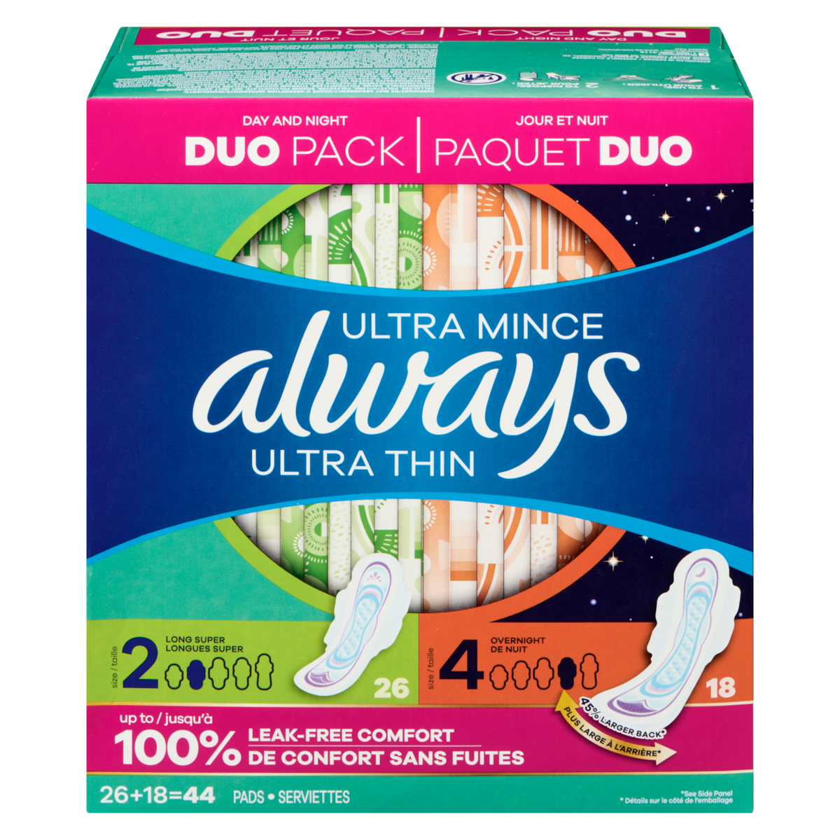 Serviettes hygiéniques ultra minces, paquet duo de 44