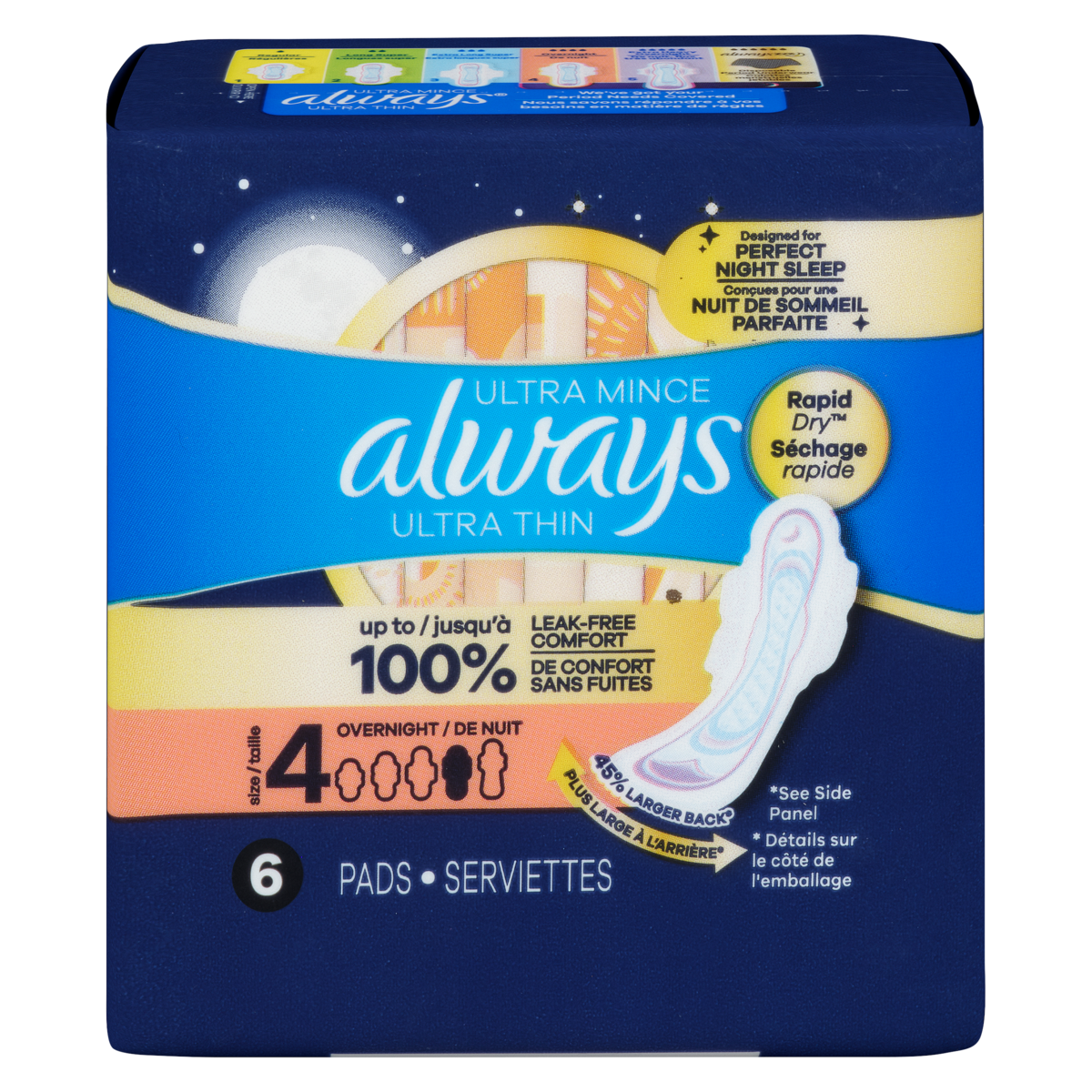 Serviettes hygiéniques ultra minces de nuit avec ailes, paquet de 6
