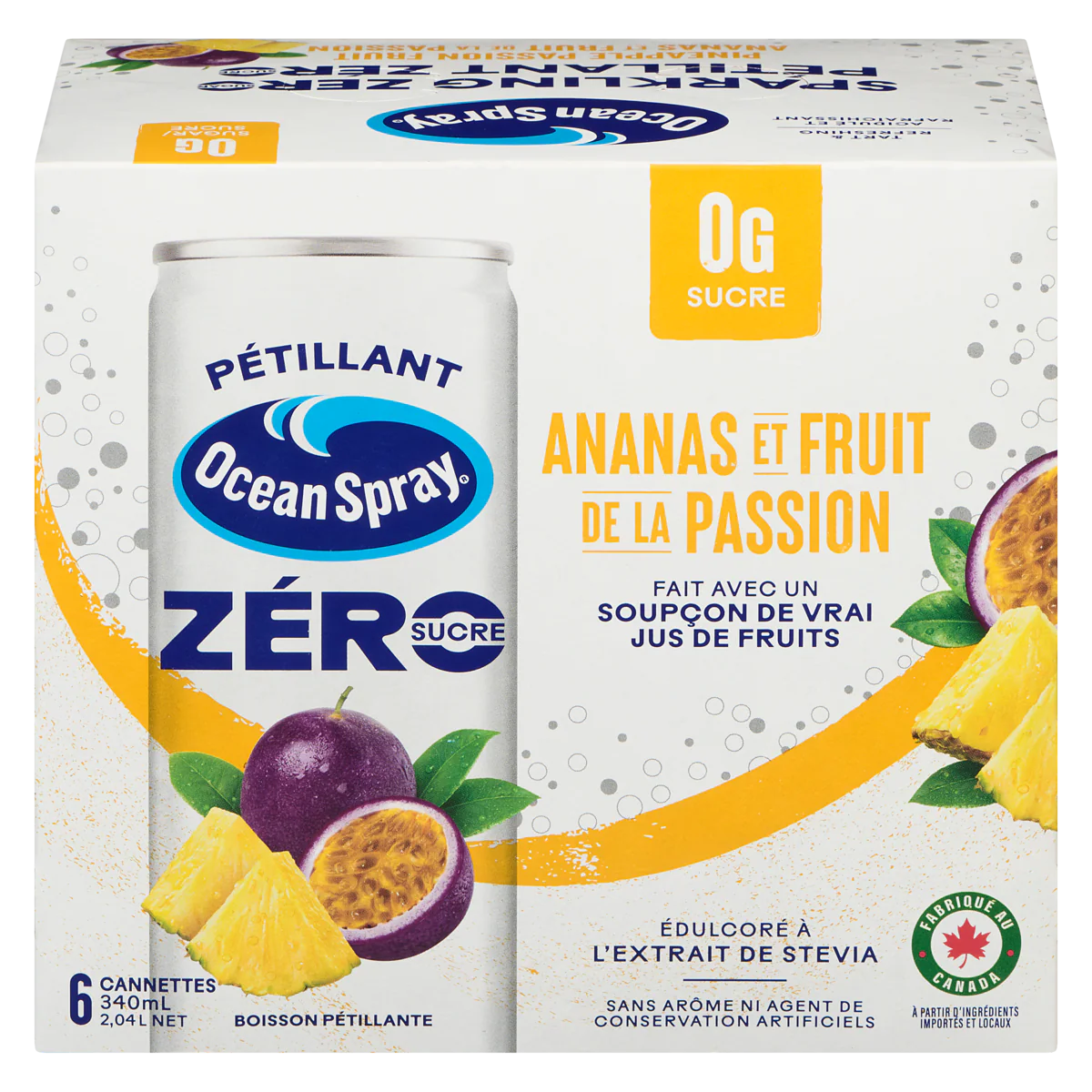 Boisson pétillante ananas et fruit de la passion zéro sucre