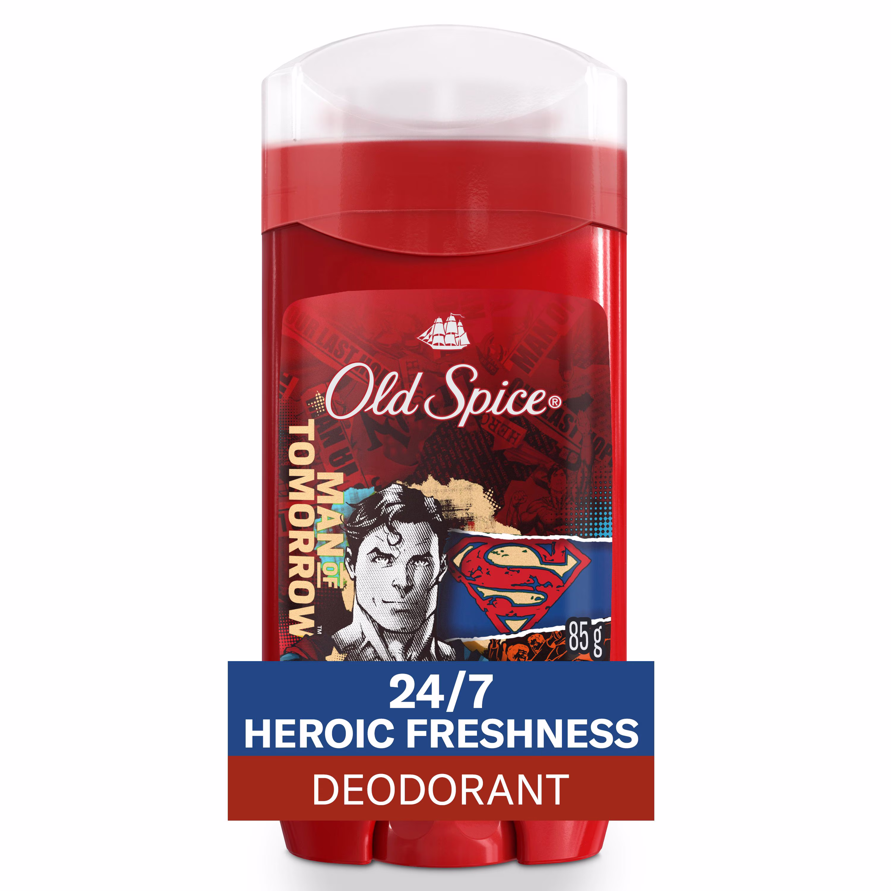 Désodorisant sans aluminium old spice pour hommes. fraîcheur 24 heures sur 24. 7 jours sur 7. protection longue durée contre les odeurs. sentez comme un héros. superman. parfum agrumes vifs et cosmos