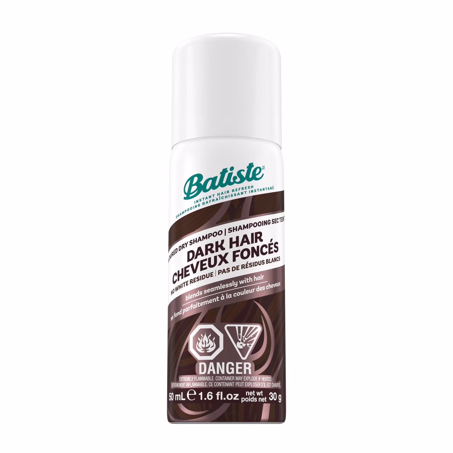 Shampooing sec batiste dark. format voyage. pour cheveux foncés et châtain foncé. rafraîchit les cheveux et absorbe le sébum entre deux shampooings.