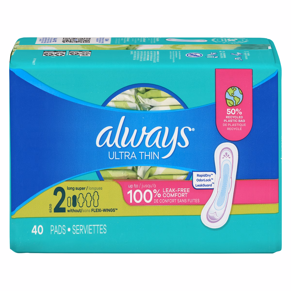 Serviettes féminines Ultra minces, longues, degré dabsorption super, sans ailes, pour femmes, taille 2, non parfumées, 40 serviettes