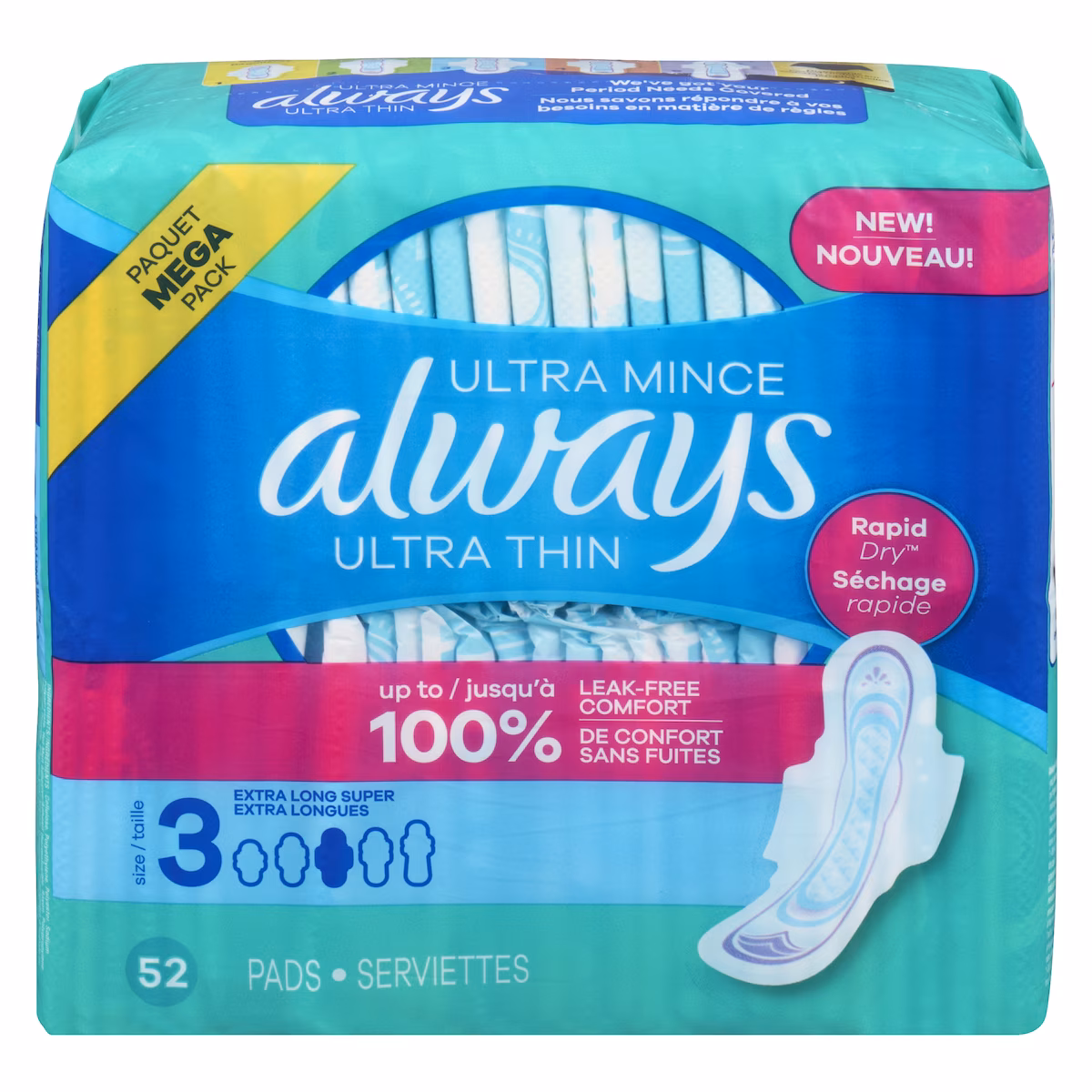Serviettes féminines Ultra Thin, extra longues, degré dabsorption super, avec ailes, pour femmes, taille 3, non parfumées, 52 serviettes