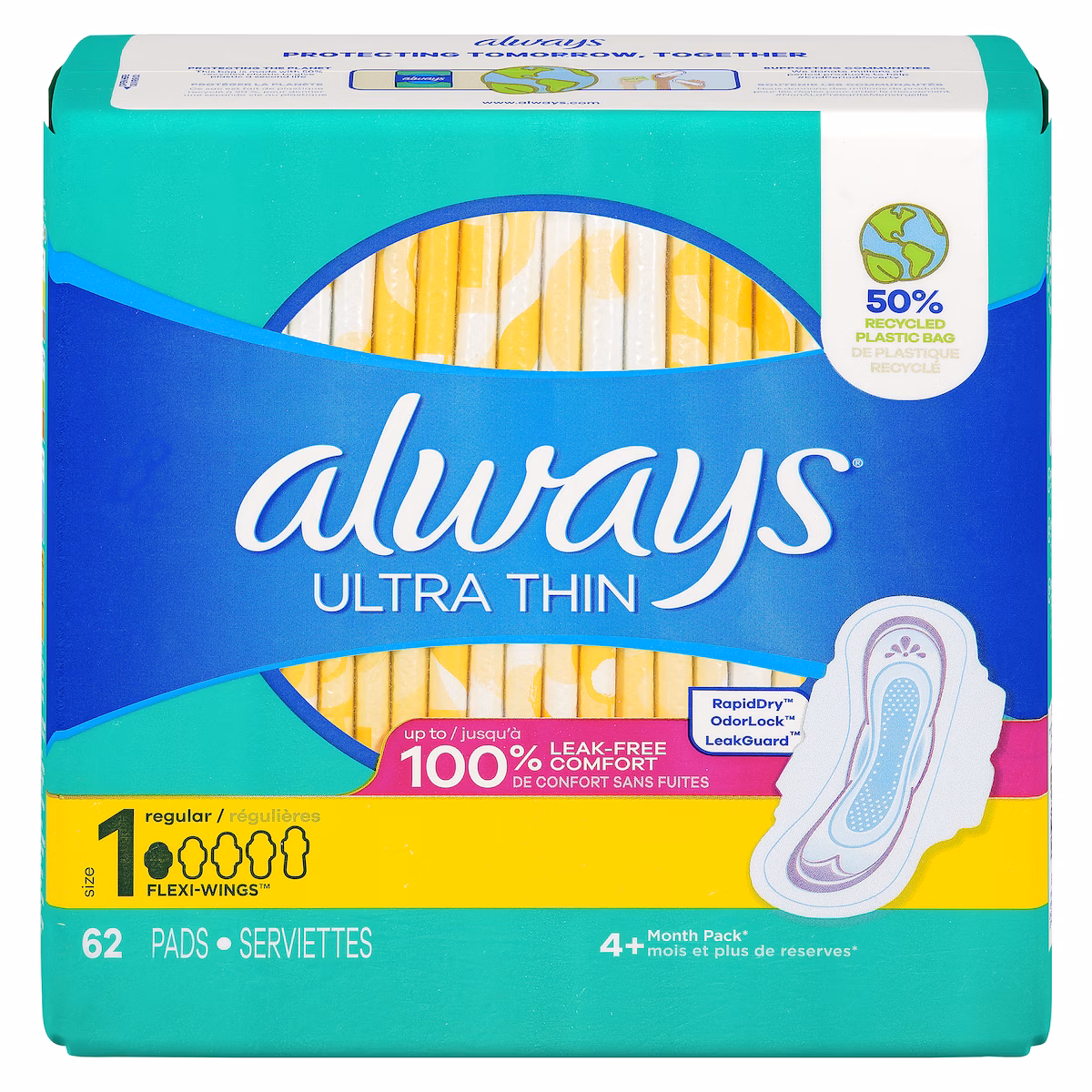 Serviettes féminines Ultra Thin, degré dabsorption régulier, avec ailes, pour femmes, taille 1, non parfumées, 62 serviettes