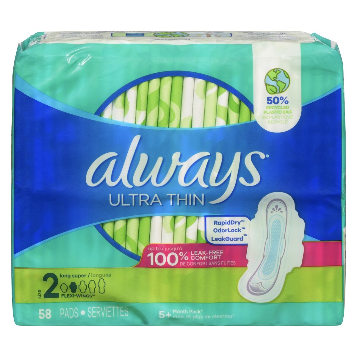 Serviettes féminines Ultra Thin, longues, degré dabsorption super, avec ailes, pour femmes, taille 2, non parfumées, 58 serviettes