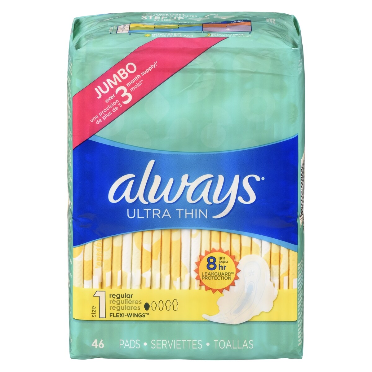 Serviettes féminines Ultra Thin, degré dabsorption régulier, avec ailes, pour femmes, taille 1, non parfumées, 46 serviettes