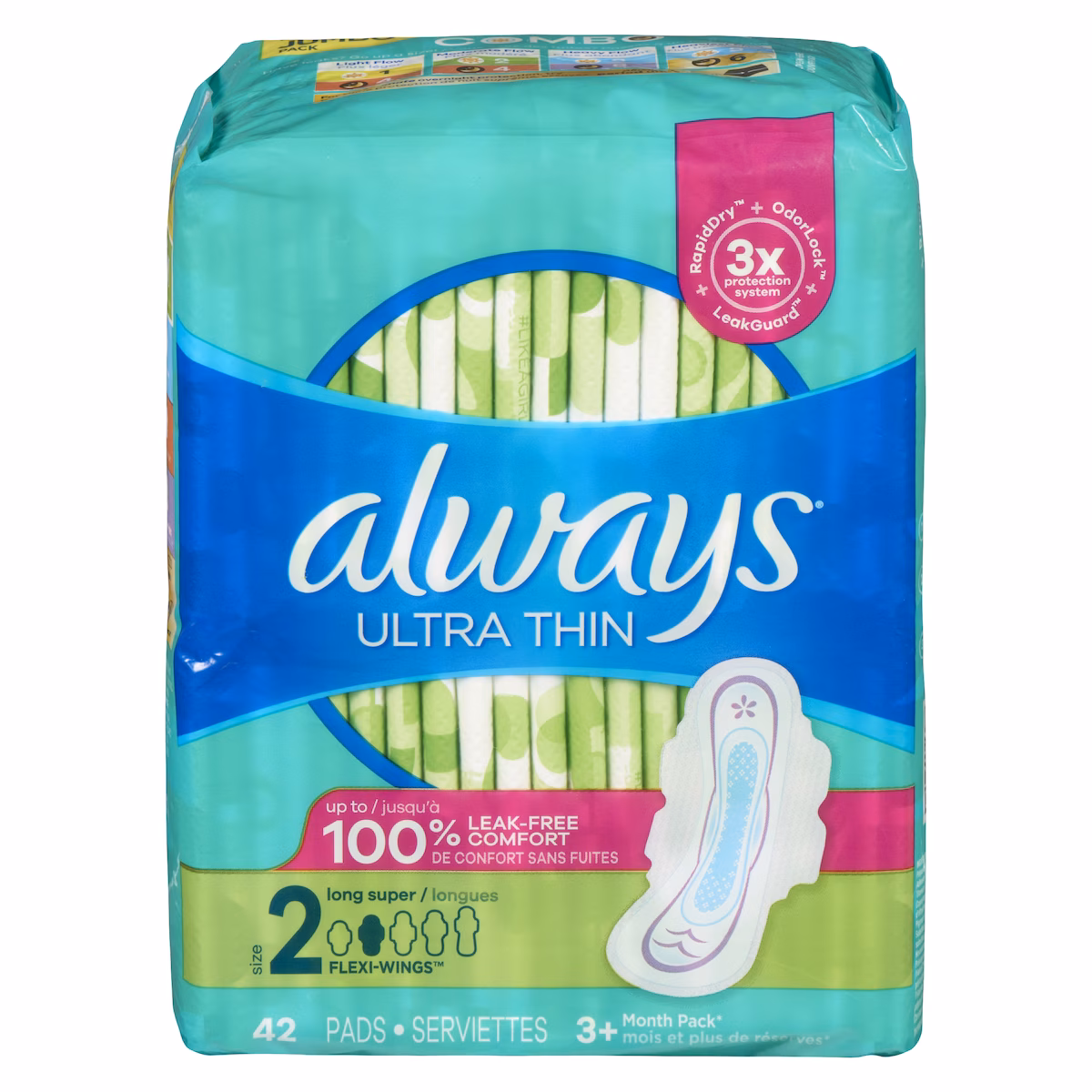 Serviettes féminines Ultra Thin, longues, degré dabsorption super, avec ailes, pour femmes, taille 2, non parfumées, 42 serviettes