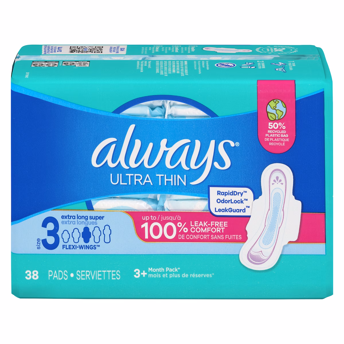 Serviettes féminines Ultra Thin, extra longues, degré dabsorption super, avec ailes, pour femmes, taille 3, non parfumées, 38 serviettes
