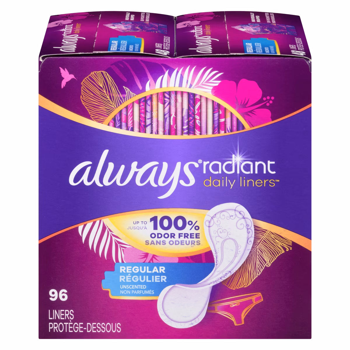 Protège-dessous quotidiens Radiant, longueur régulière, degré dabsorption léger, jusquà 100 % sans odeurs et sans parfum, avec bande adhésive sur toute la longueur Edge-2-Edge, 96 protège-dessous