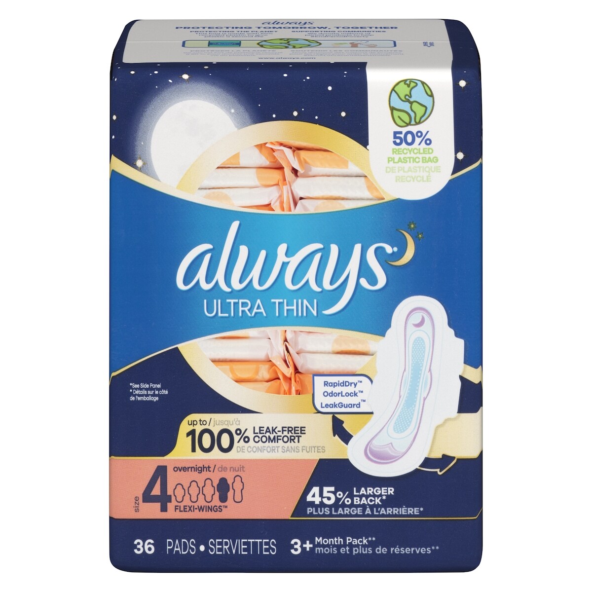 Serviettes Ultra Thin, de nuit, avec ailes Flexi-Wings, taille 4, non parfumées, 36 serviettes