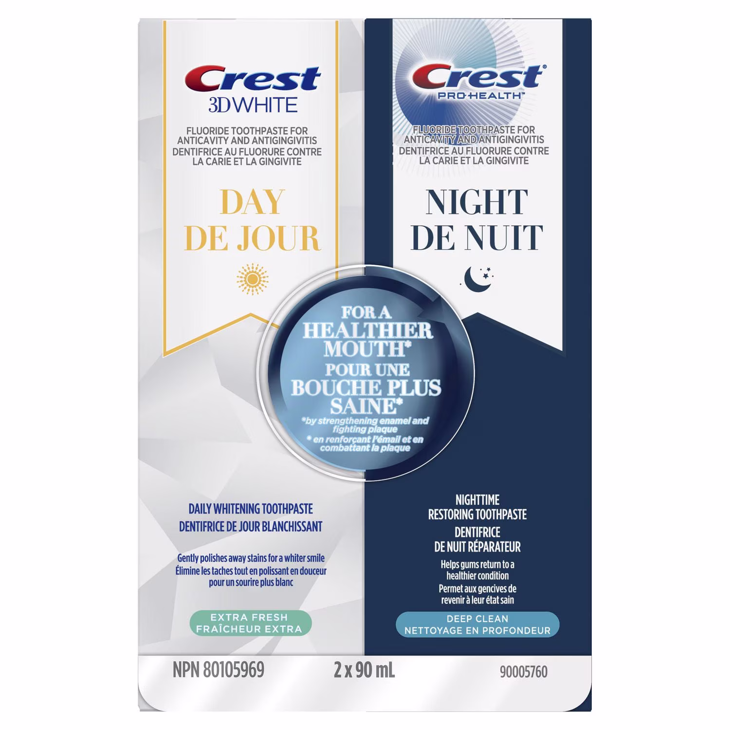 Crest dentifrice. 3d white jour & pro-health nuit régime. avec fluorure stanneux