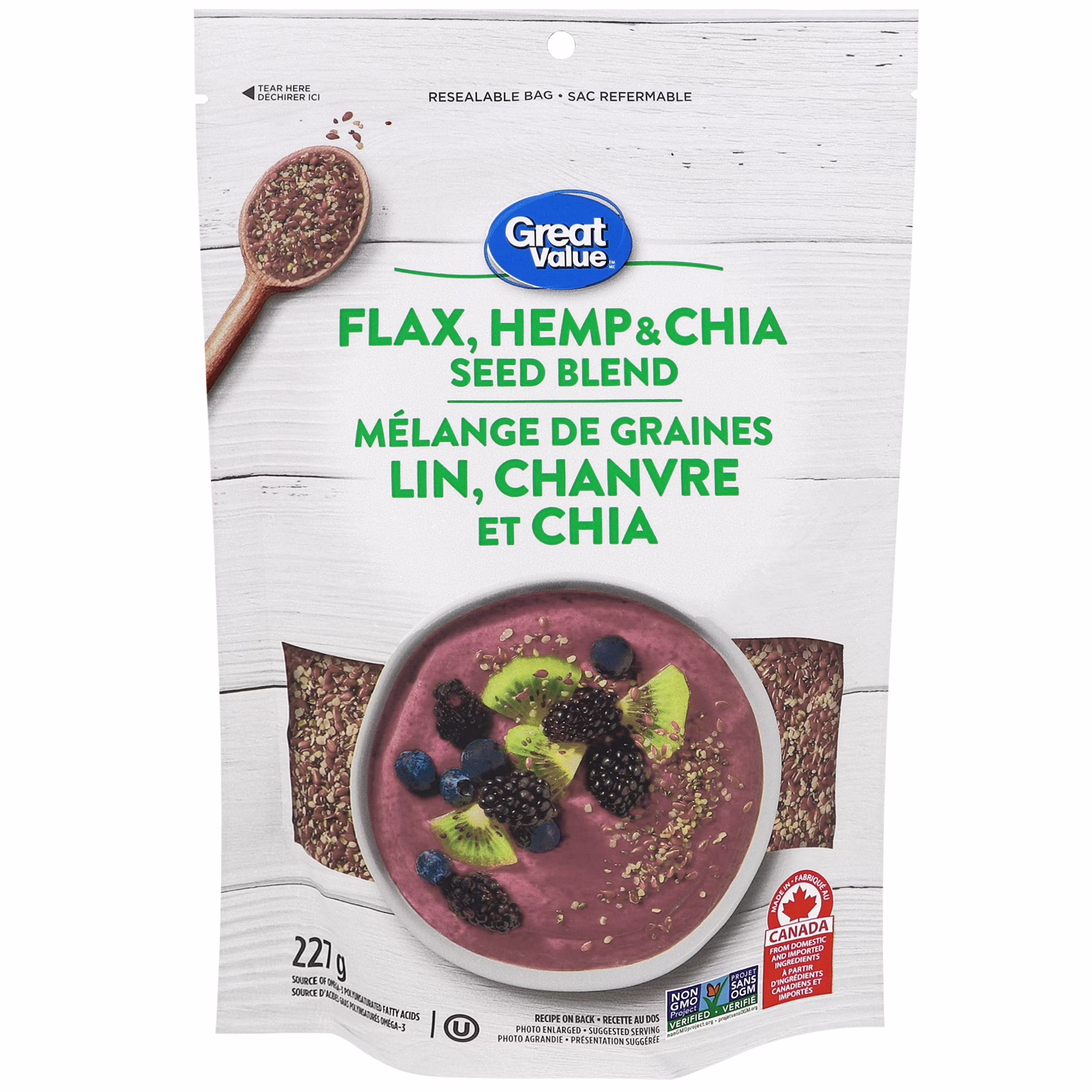 Mélange de graines de lin. chanvre et chia great value 227& g