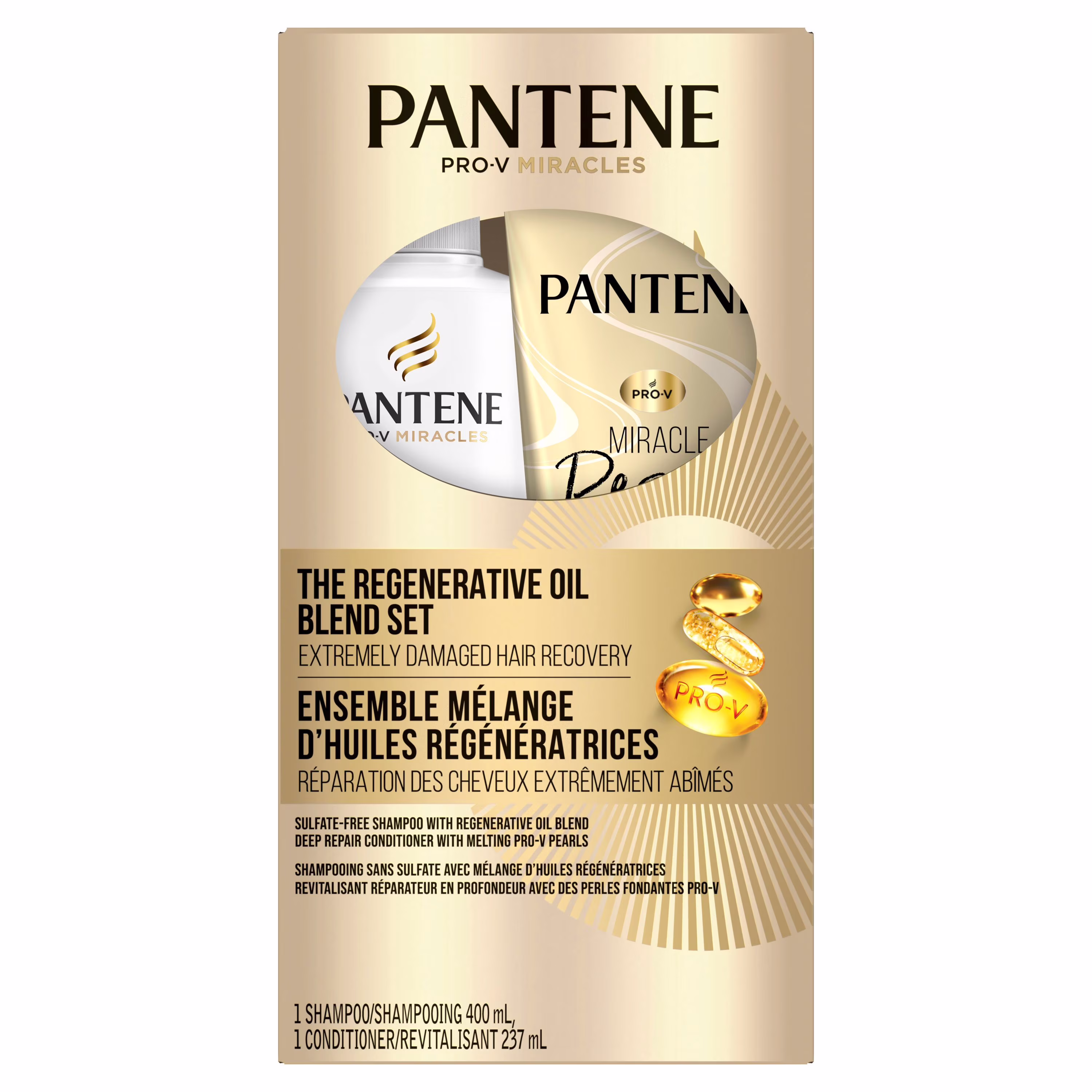 Shampooing pantene pro-v miracles soins pour dommages extrêmes avec mélange dhuiles régénératrices et revitalisant réparateur en profondeur miracle rescue. paquet double