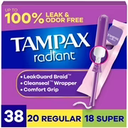 Tampons tampax radiant. avec tresse anti-fuites leakguard. degrés dabsorption réguliersuper. emballage multiple. non parfumés. 38& tampons 38ct