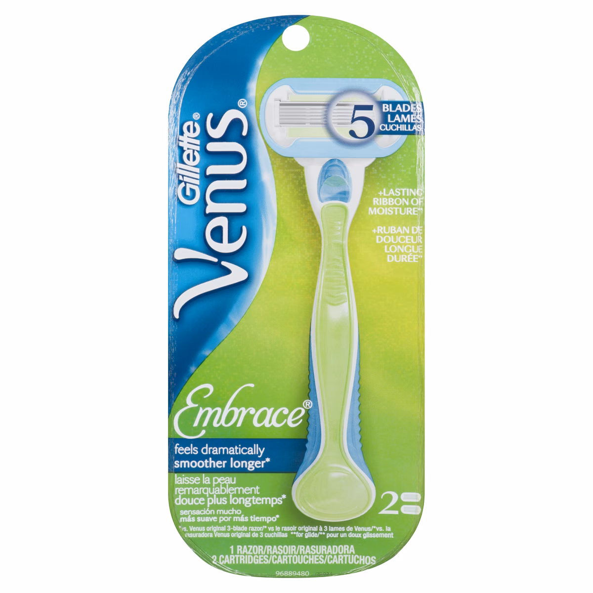 Rasoir Venus Extra doux Vert pour femmes, 1manche de rasoir et 2cartouches de rechange
