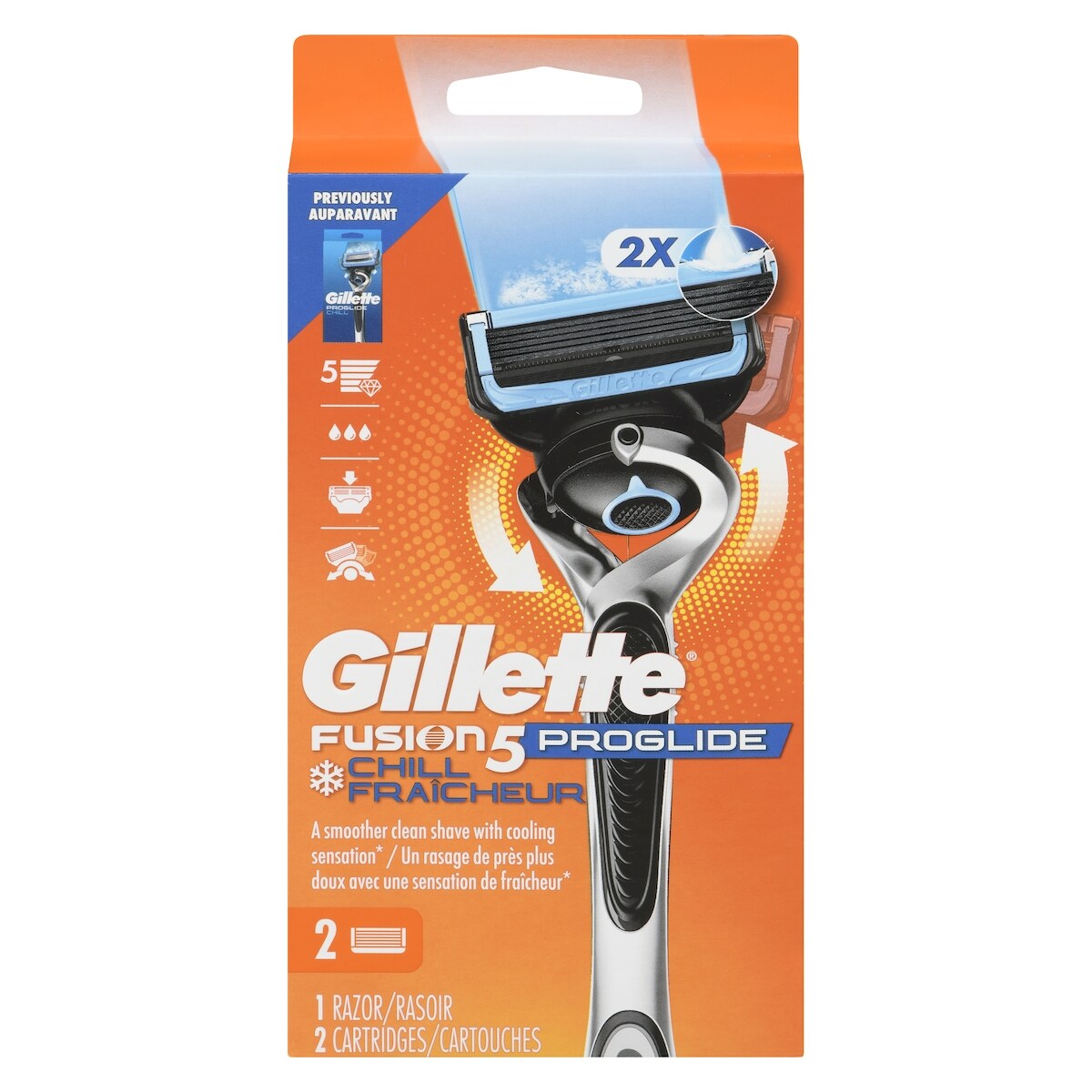 Rasoir  ProGlide Fraîcheur pour hommes, 1 manche de rasoir, 2 cartouches, 2x plus de lubrification rafraîchissante, manche Flex-pivot et lame de précision