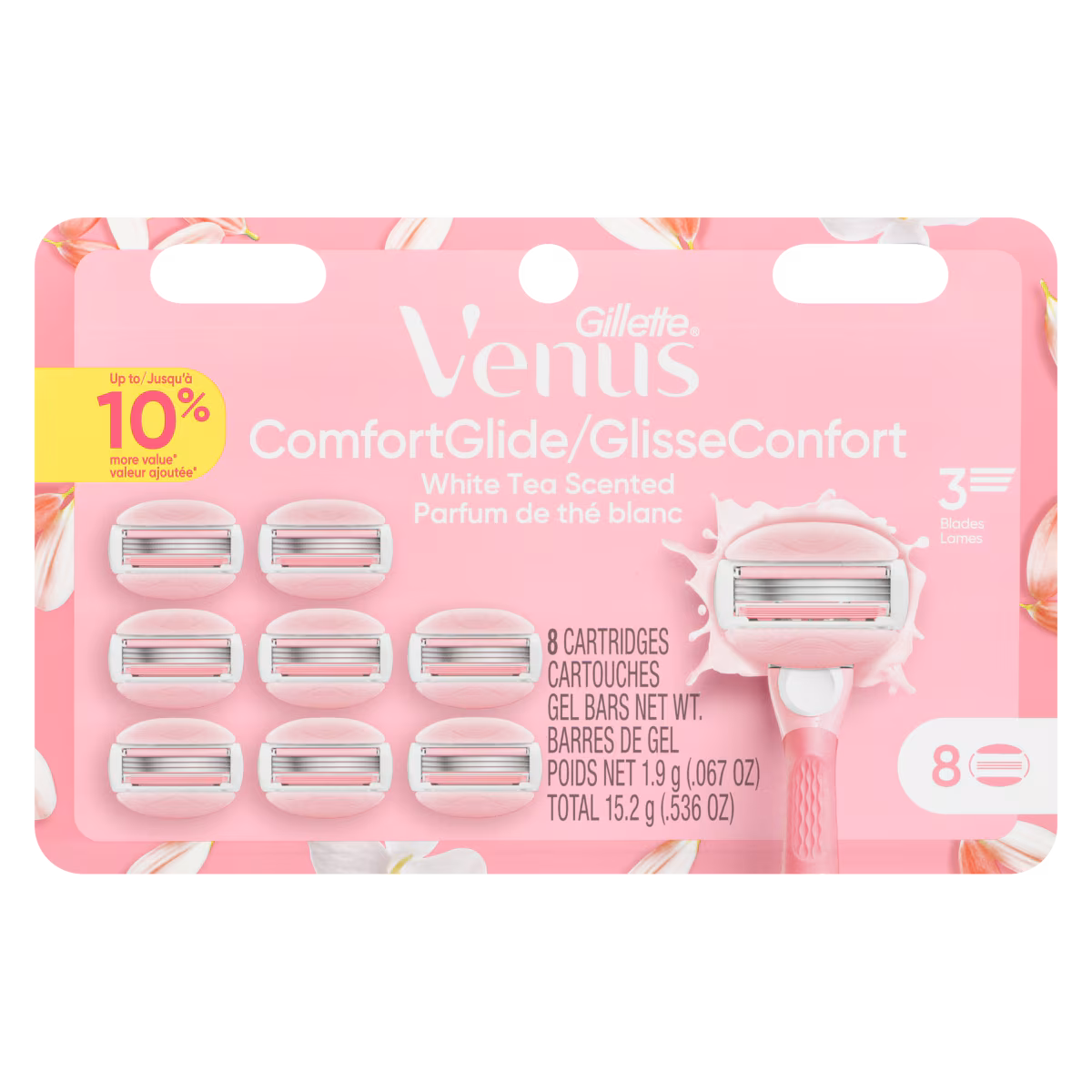 Cartouches de rechange de rasoir GlisseConfort, parfum thé blanc, pour femmes, avec barres de gel à raser intégrées, 8 unités