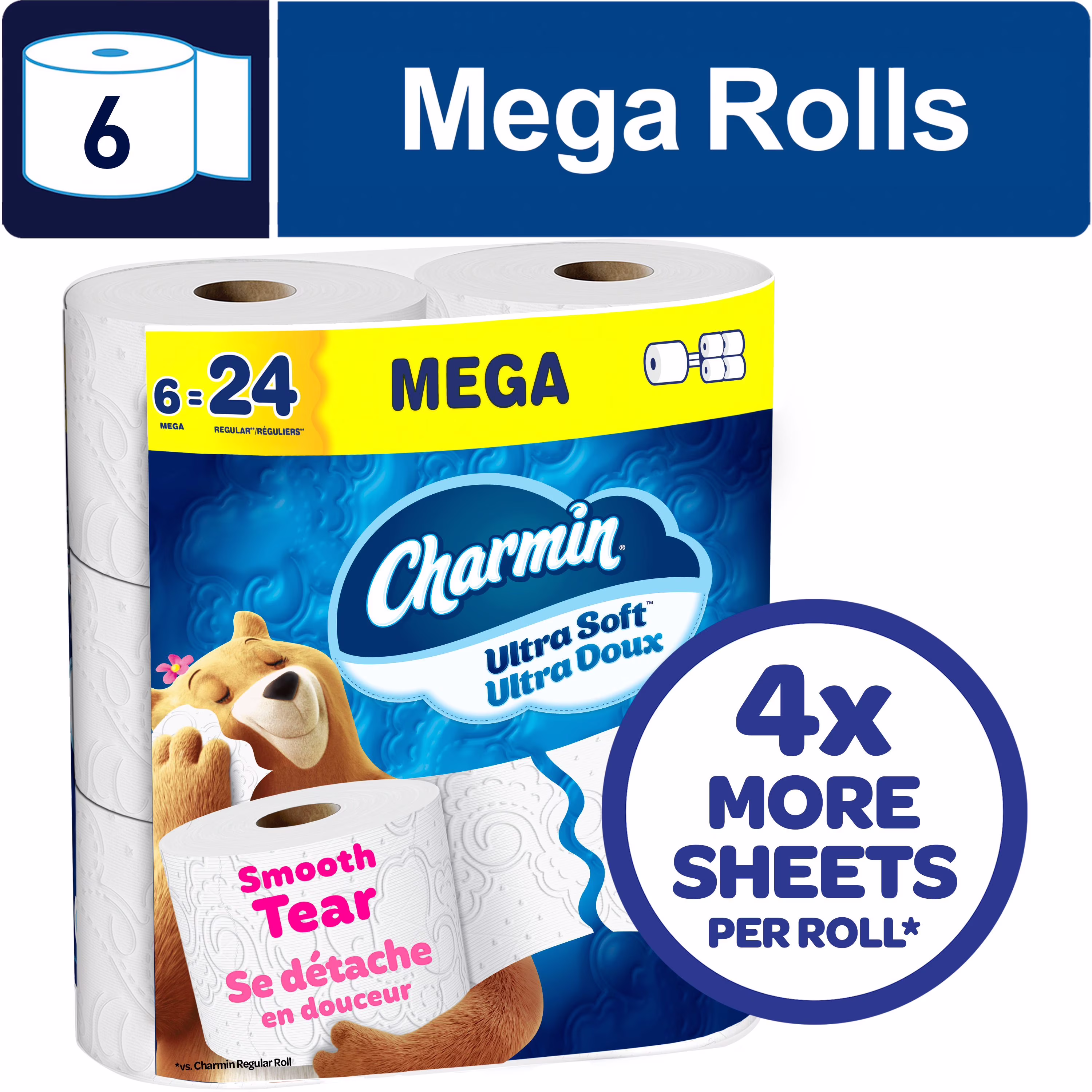 Charmin doux  4 emballages de 6 rouleaux méga  208u 6ct