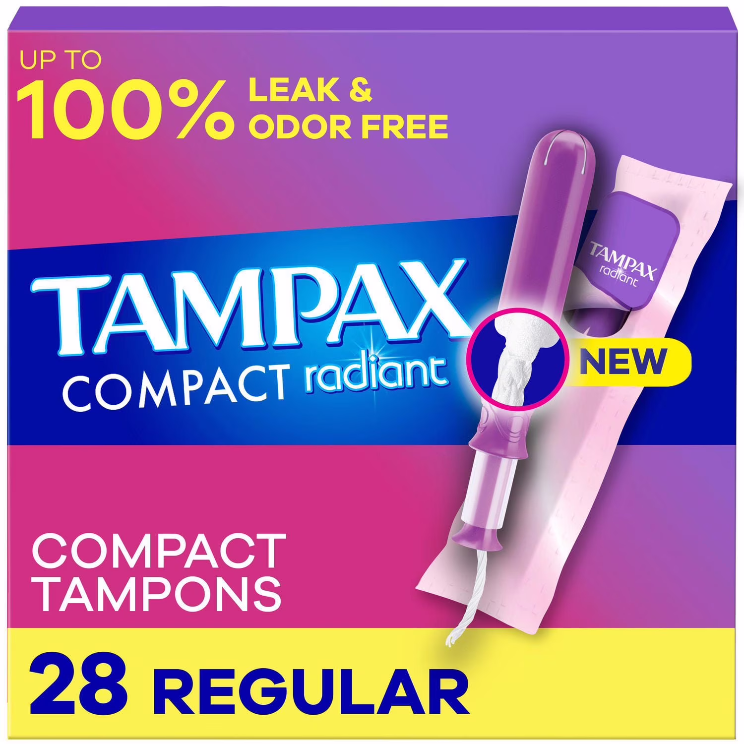 Tampons tampax radiant compacts. avec tresse anti-fuites leakguard et applicateur extensible. degré dabsorption régulier. non parfumés. 28tampons 28ct