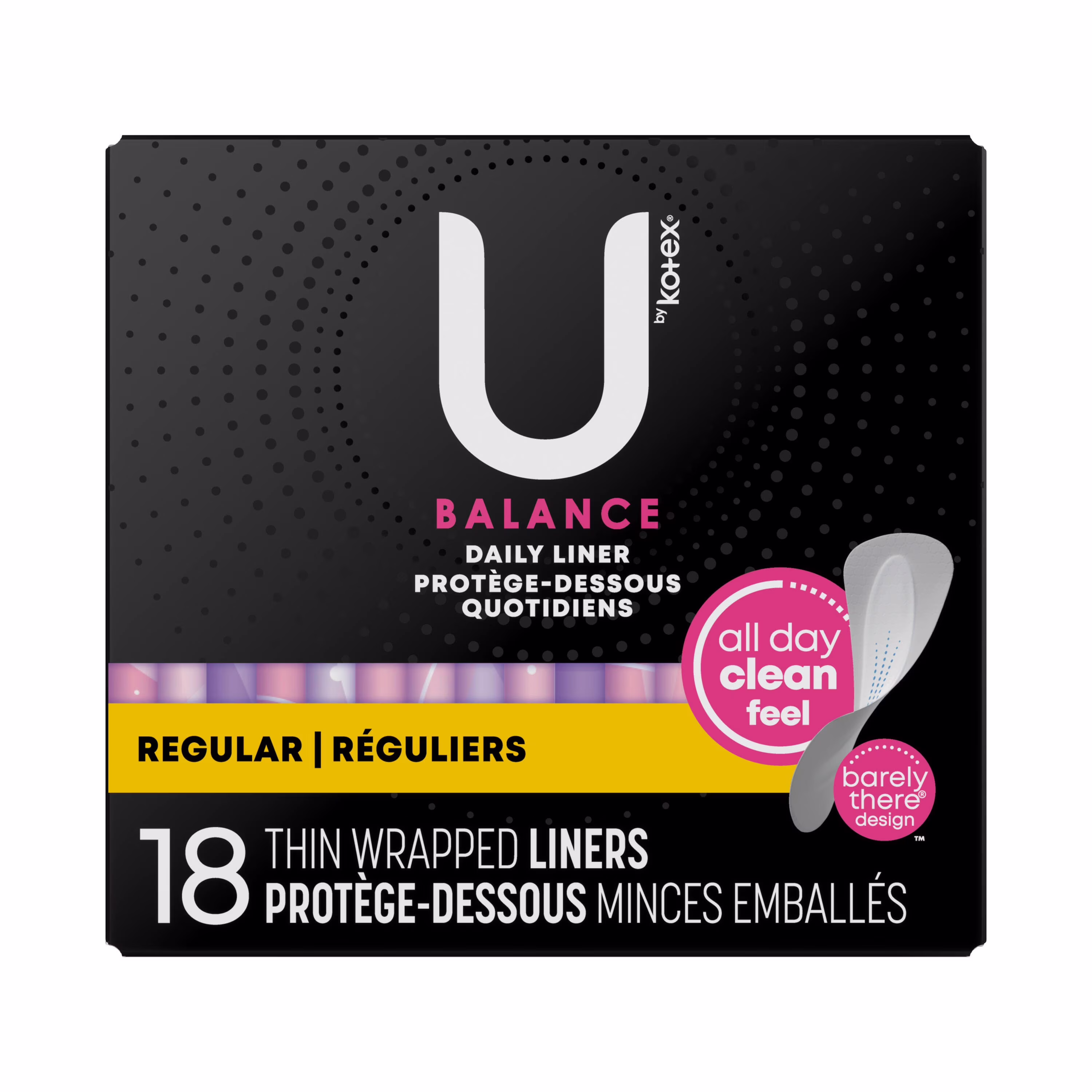 Protège-dessous pour le quotidien emballés u by kotex balance. absorption légère. longueur régulière. 18 unités