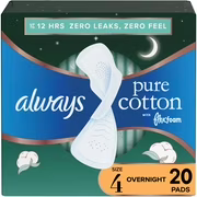 Serviettes always pure cotton avec flexfoam. absorption de nuit. taille 4. jusquà zéro sensation et zéro fuites pendant 12 heures. avec ailes 20 serviettes