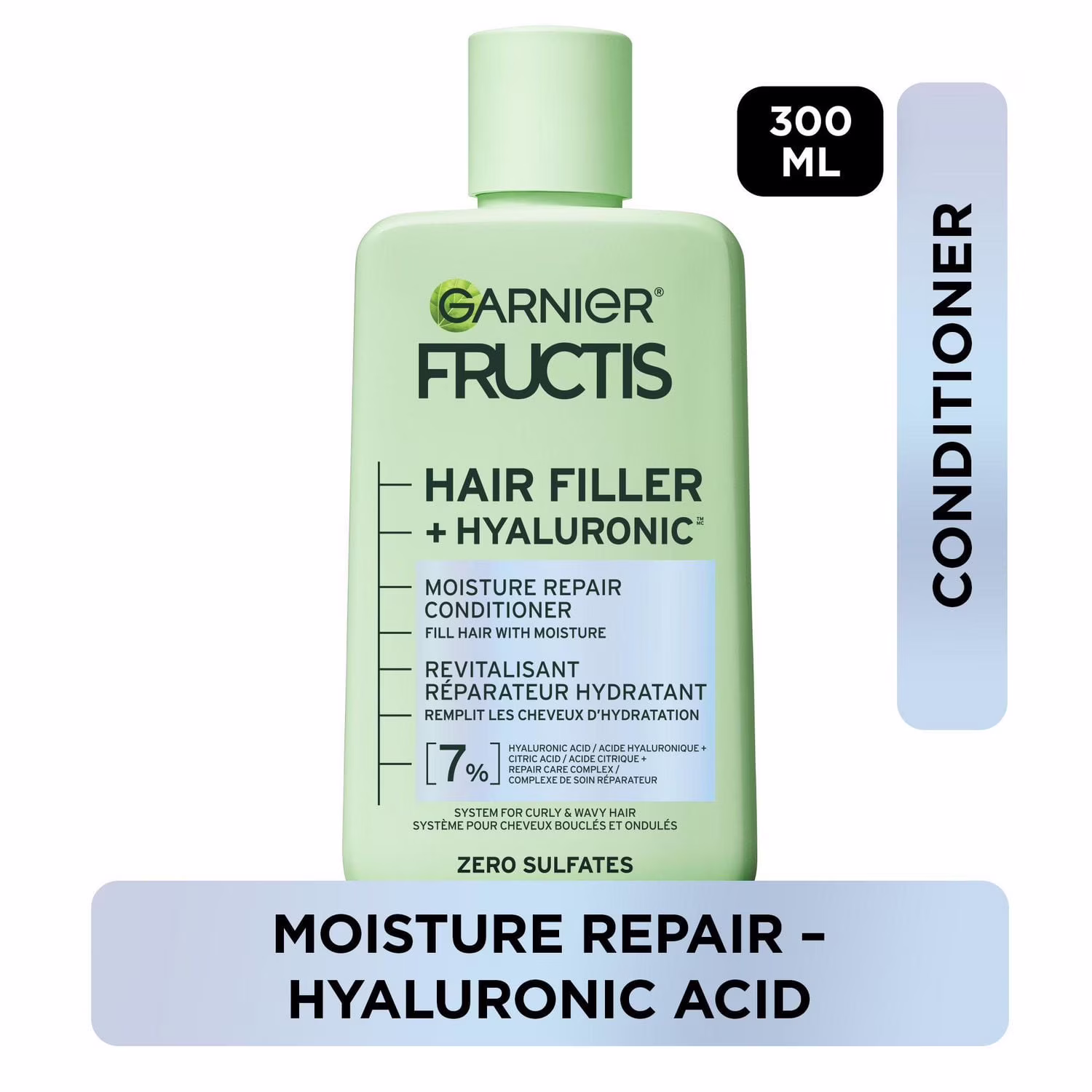 Garnier fructis hair fillers + acide hyaluronique revitalisant réparateur hydratant. pour cheveux bouclés & ondulés. jusqu'à 15x plus humides & 100 heures de contrôle des frisottis.  hydrate les cheveux bouclés
