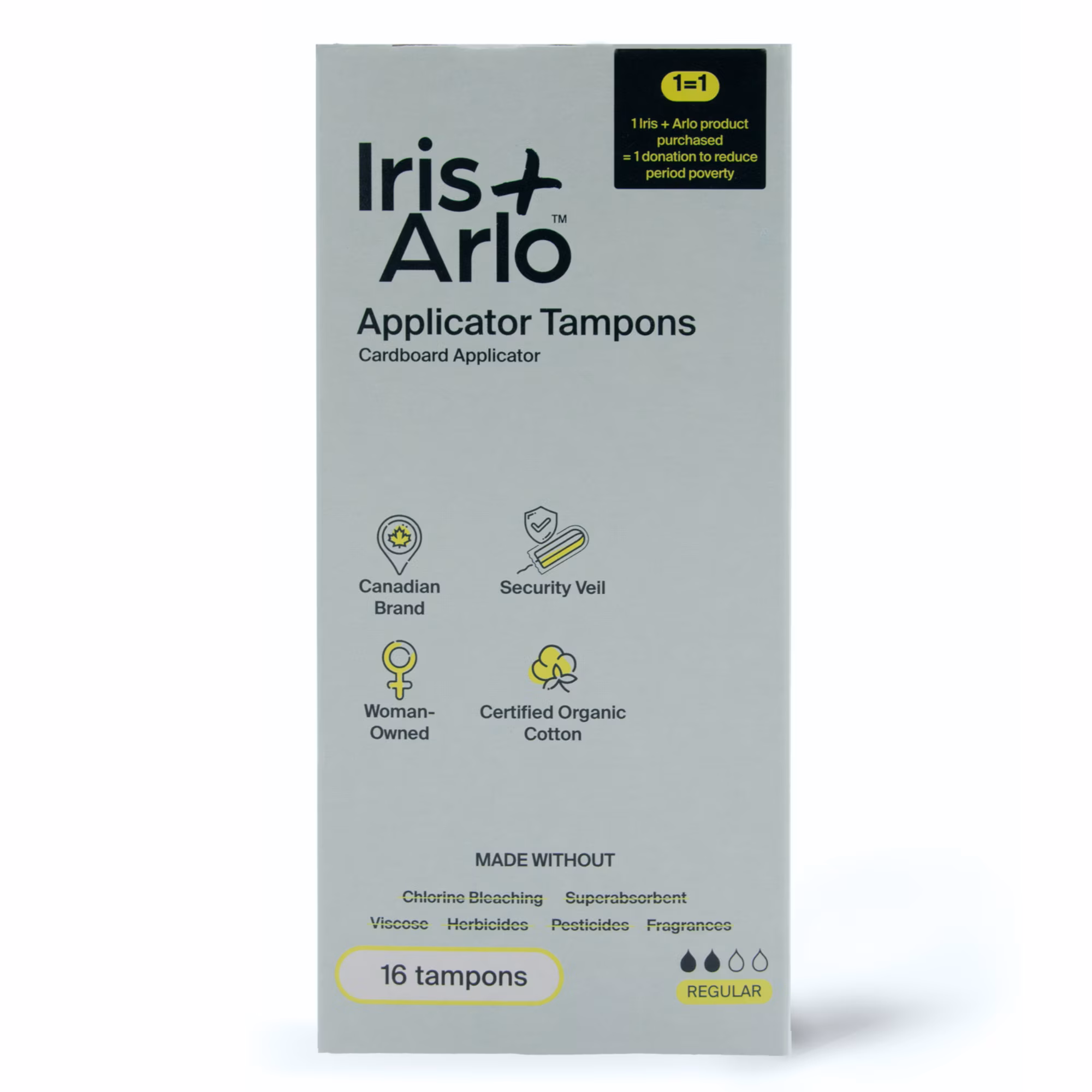 Iris + arlo tampons biologiques avec applicateur. régulier. 100 % coton. sans parfum. non toxique. sans plastique (16 unités)