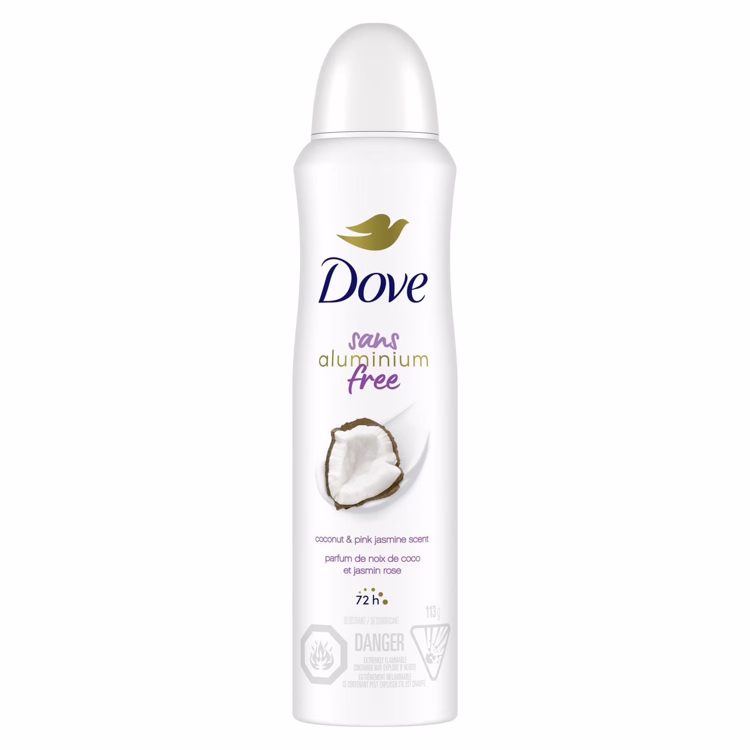 Dove désodorisant en vaporisateur à sec sans aluminium parfum de noix de coco et jasmin rose.