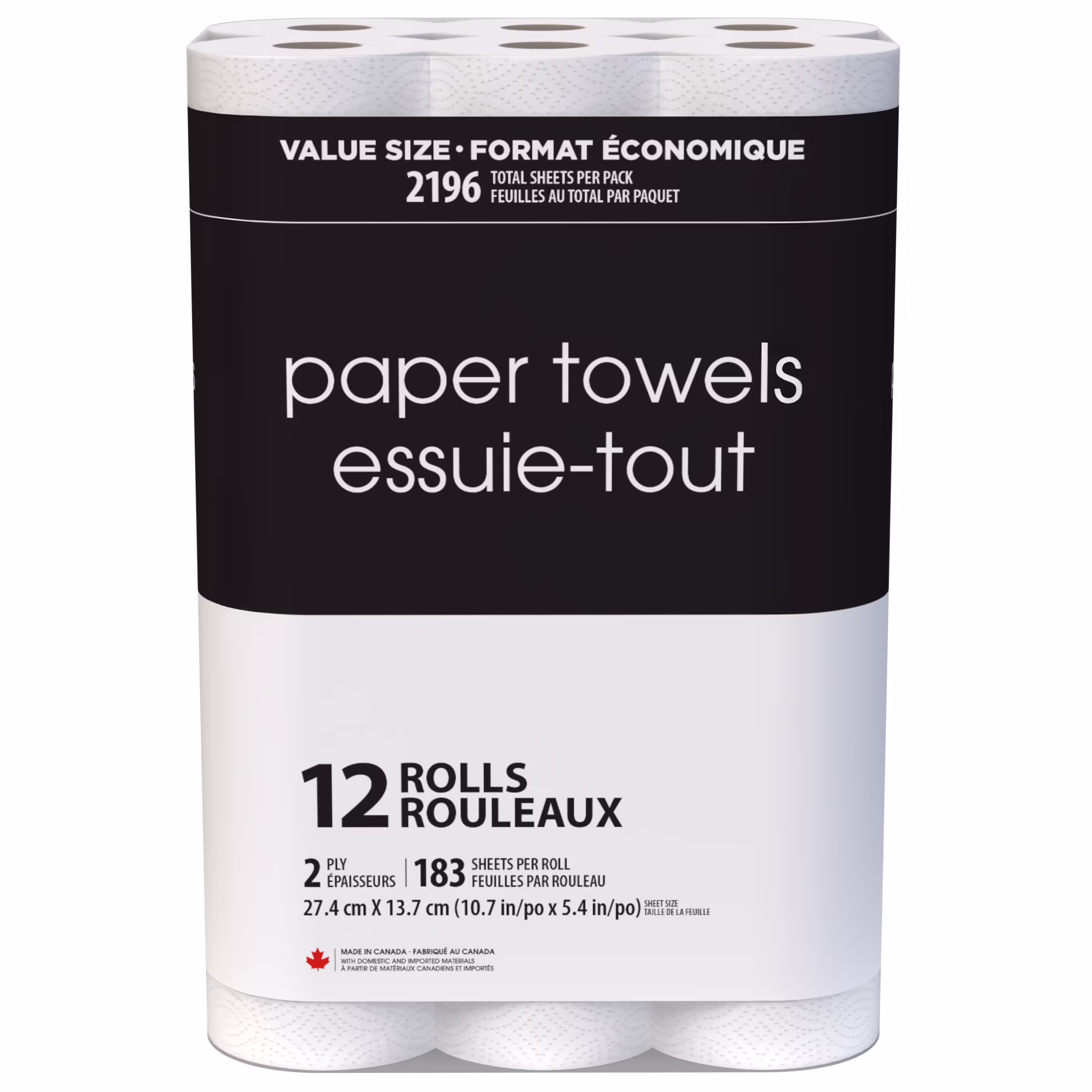 Essuie-tout noir et blanc. format valeur. 12 rouleaux. 183 feuilles