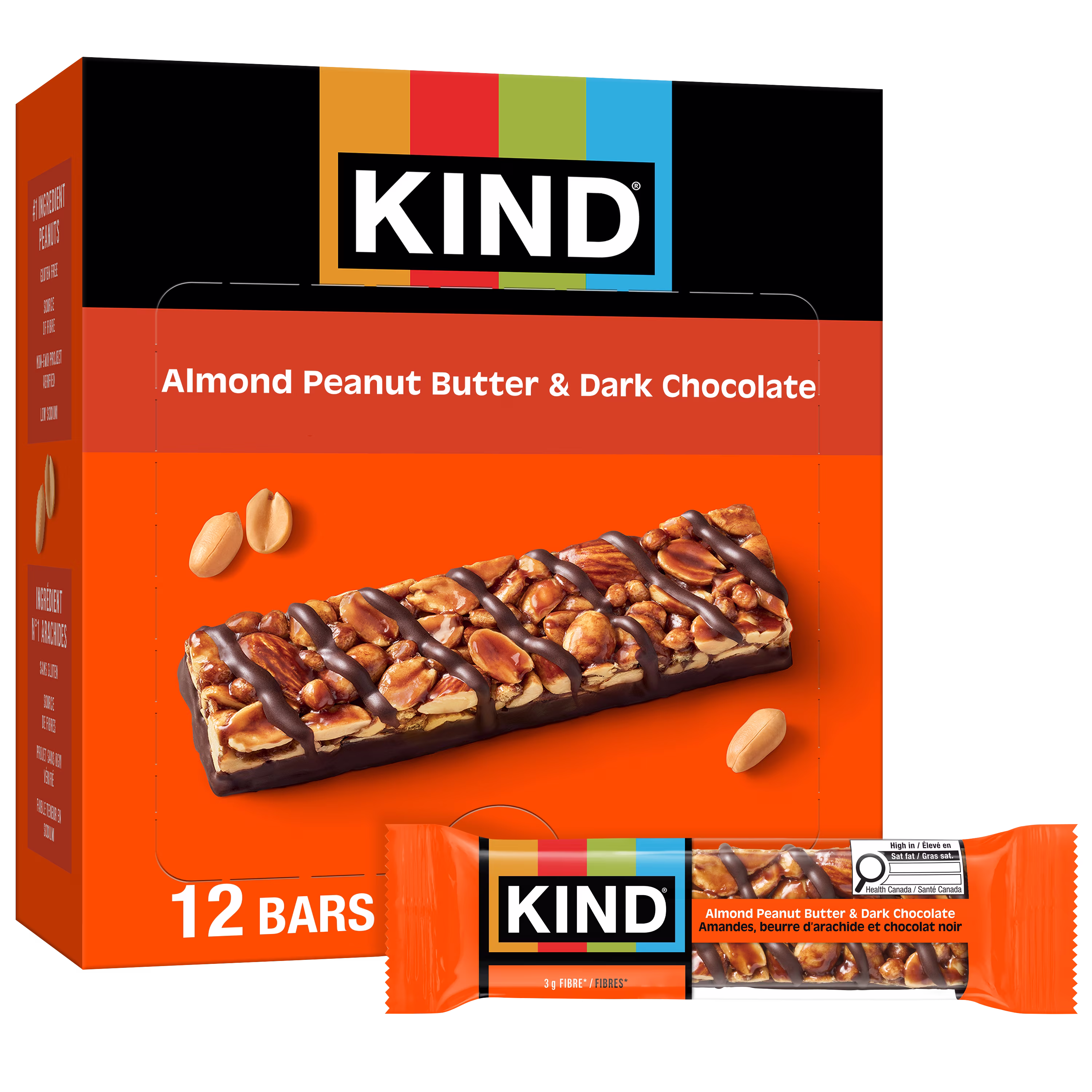Kind barres amandes. beurre d'arachide et chocolat noir. . 12 unités barre d'écrou kind