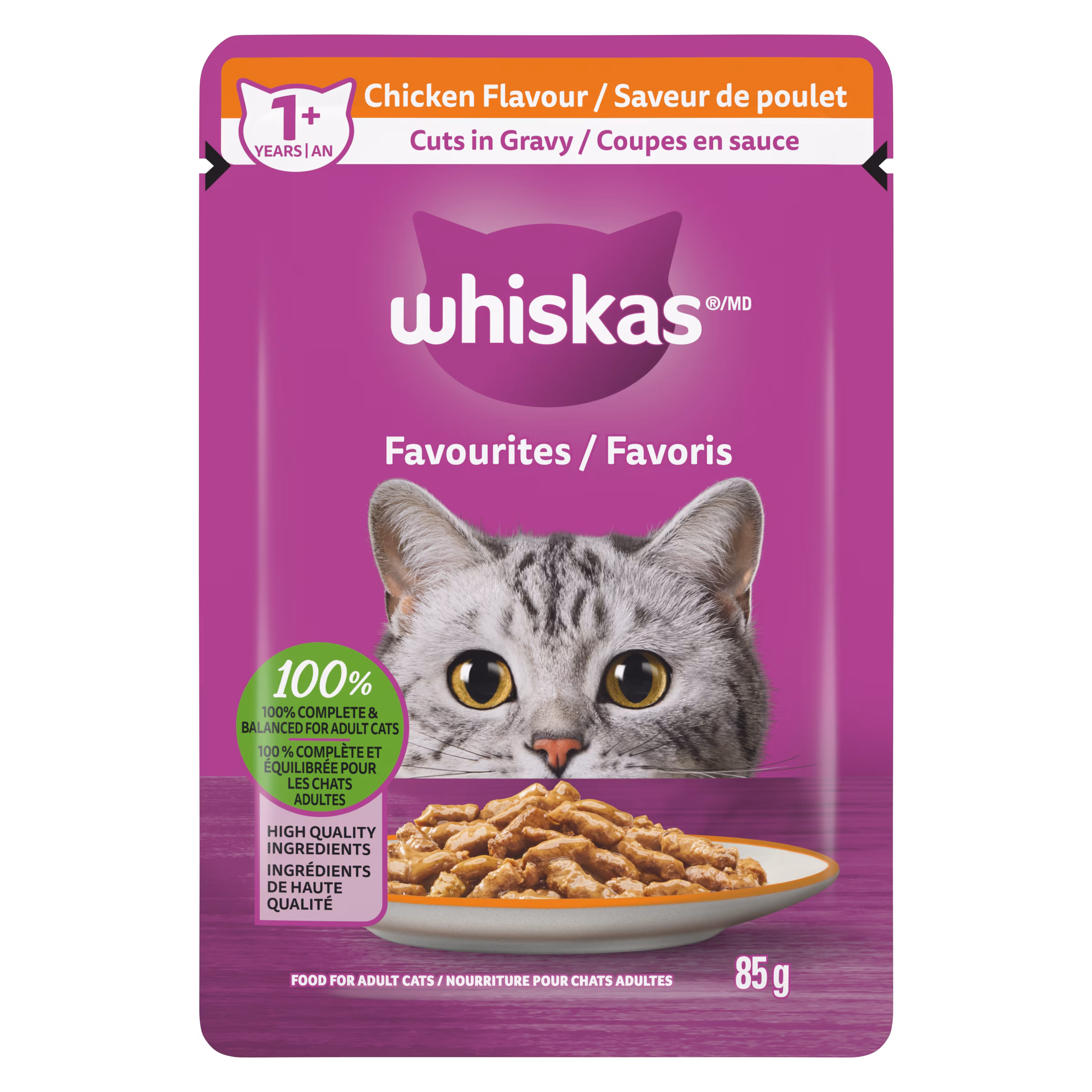 Nourriture humide pour chats adultes whiskas favoris coupes en sauce  saveur de poulet. sachet de