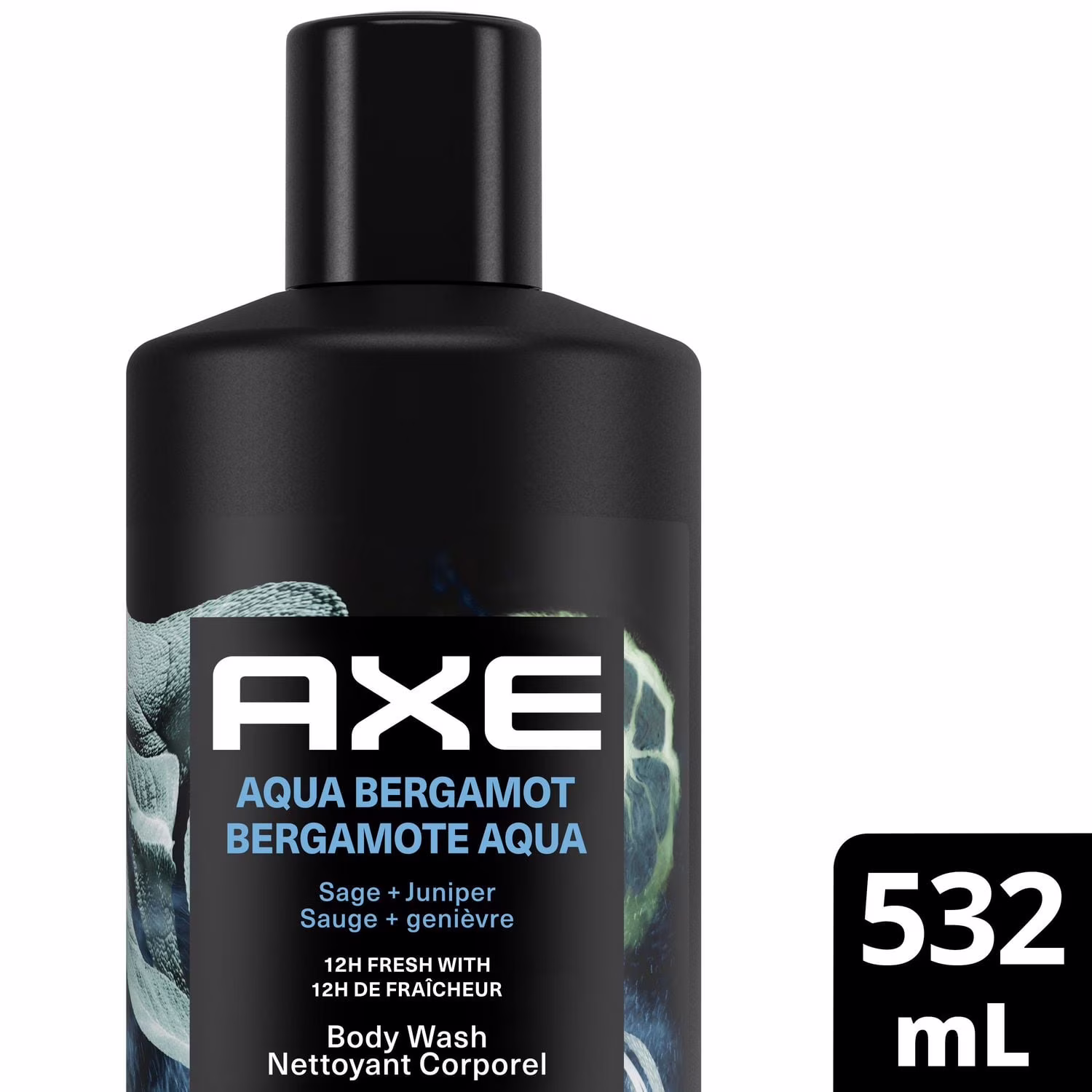 Gel douche pour hommes 12h de senteur rafraîchissante axe collection de parfums fins bergamote. genévrier et sauge infusé avec des huiles essentielles.