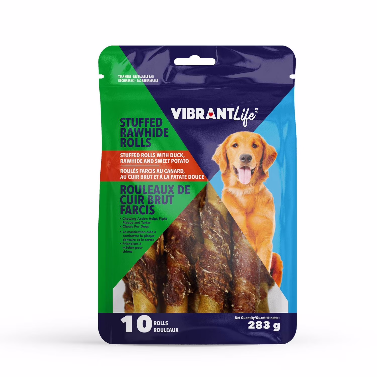 Vibrantlife roulés farcis au canara. au cuir brut et à la patate douce friandises à mâcher pour chiens