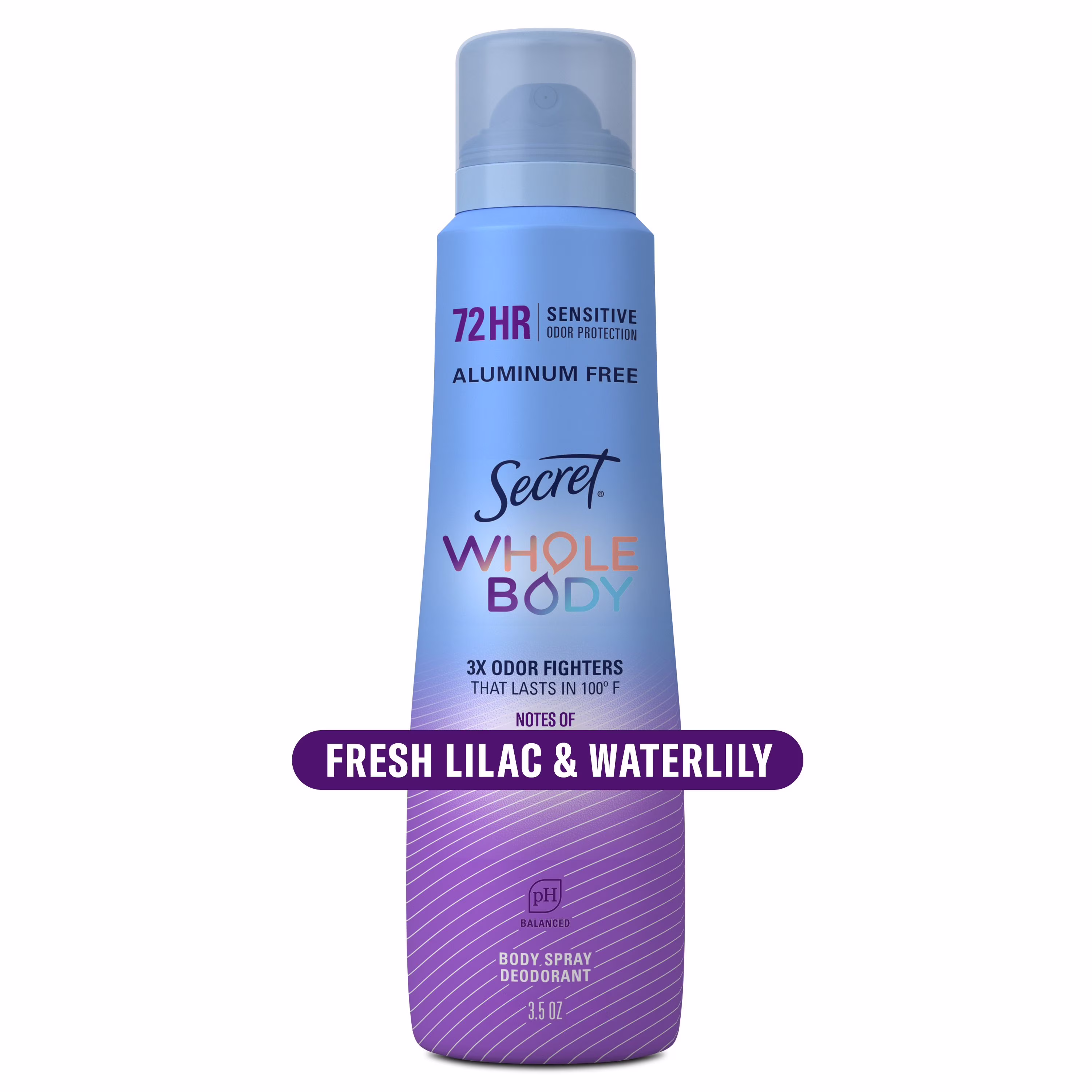 Désodorisant en vaporisateur corporel secret tout le corps sans aluminium pour femmes. lilas et nénuphar