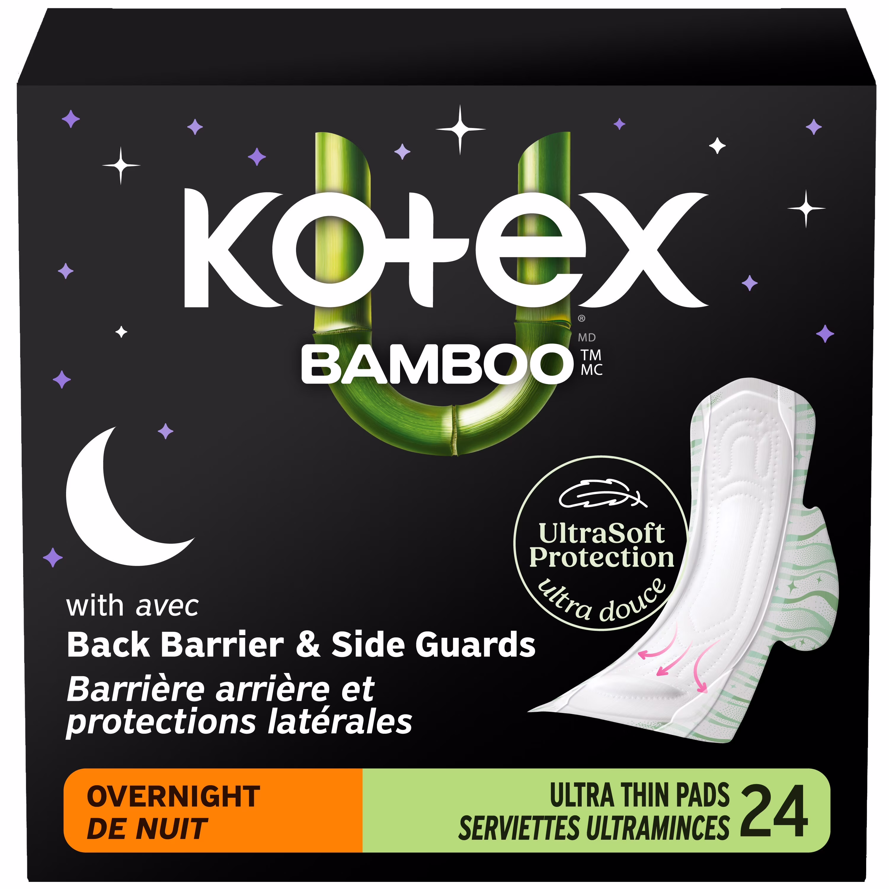 Serviettes ultraminces de nuit kotex bamboo avec ailes. 24 unités