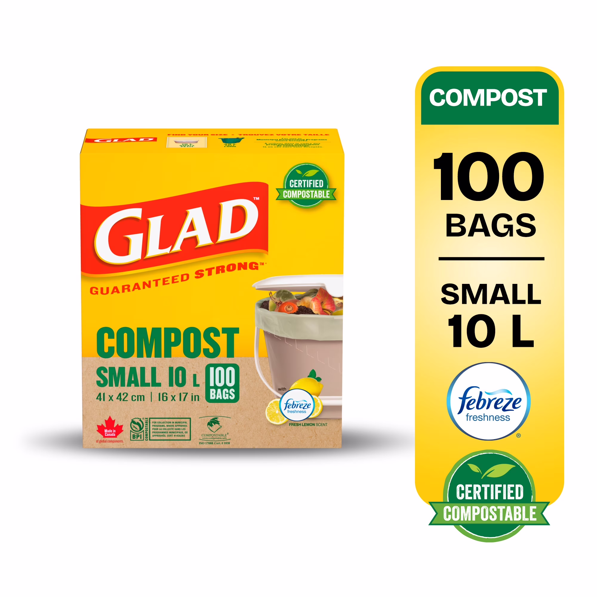 Petits sacs 100 % compostables à nœud facile de glad avec technologie anti-odeurs. parfum de citron 100 sacs. parfum de citron