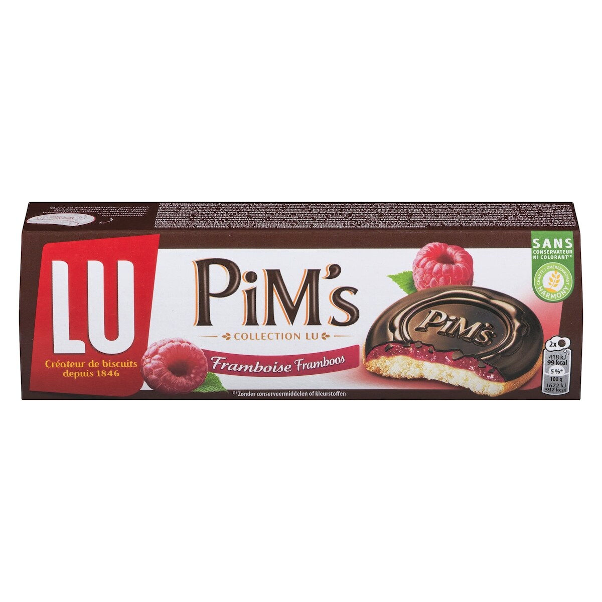 Pim's génoise recouverte d'un nappage à la framboise, aromatisé, et d'une coque de chocolat