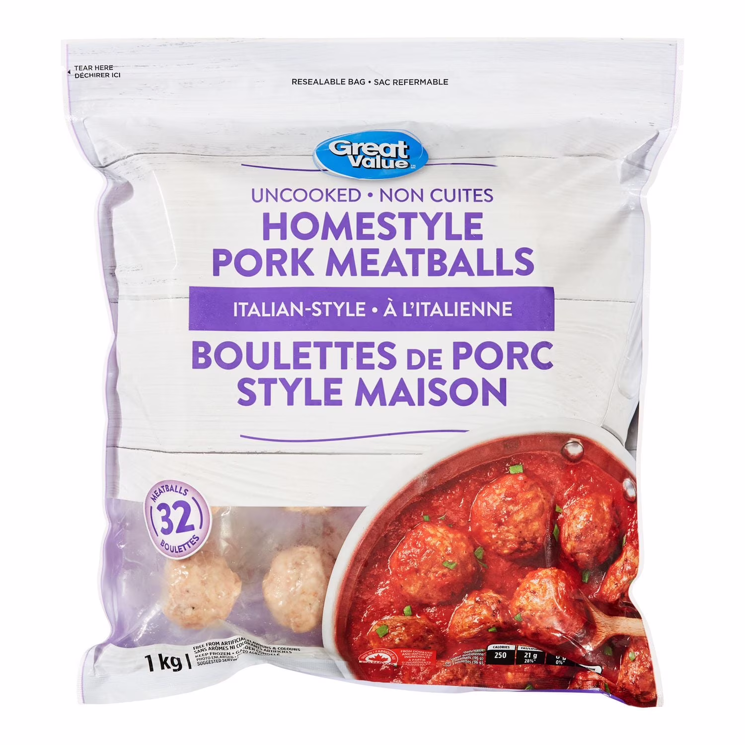 Great value boulettes de porc style maison à l'italienne non cuites