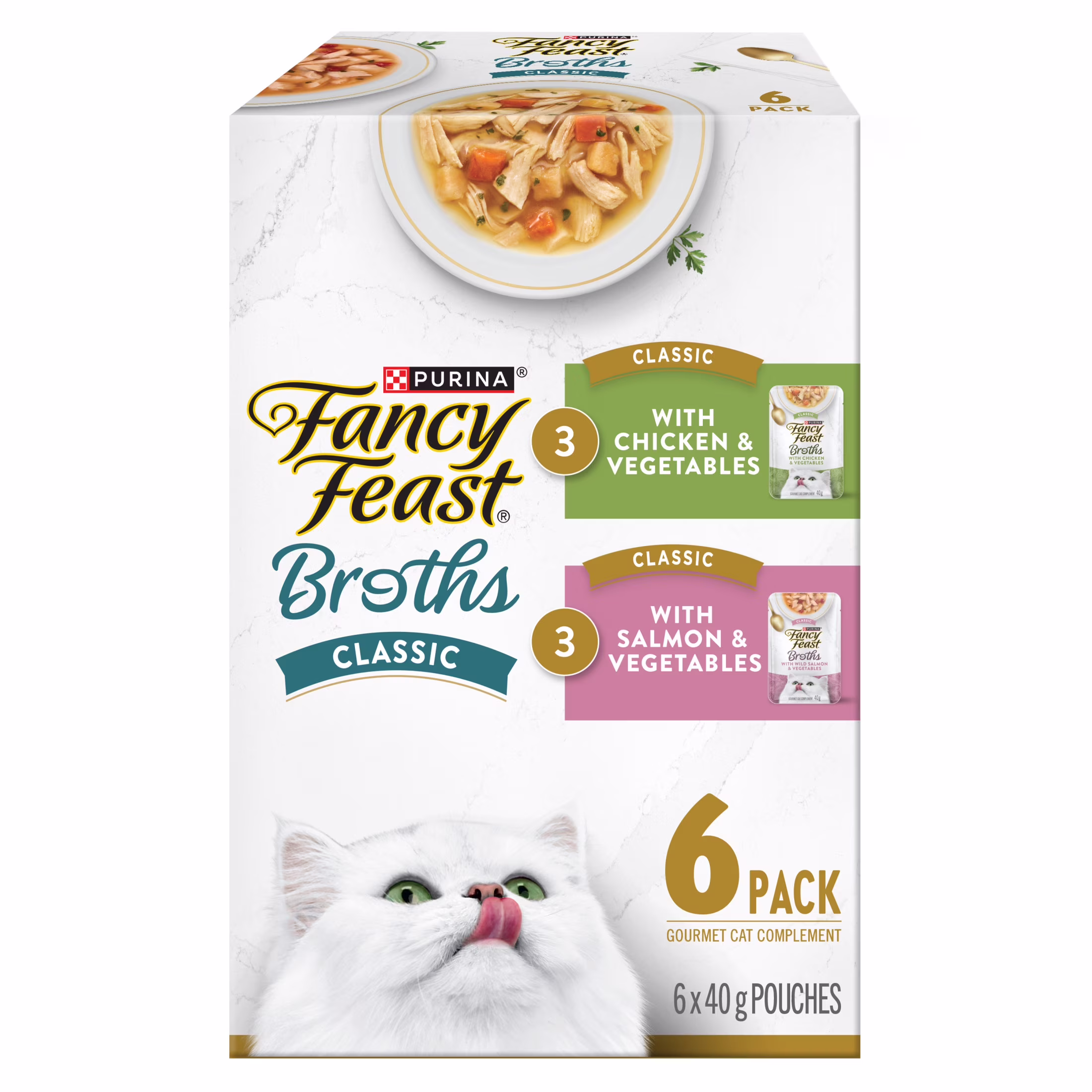 Fancy feast broths collection classique poulet et saumon 6c emballage assorti. complément pour chats.  x 6