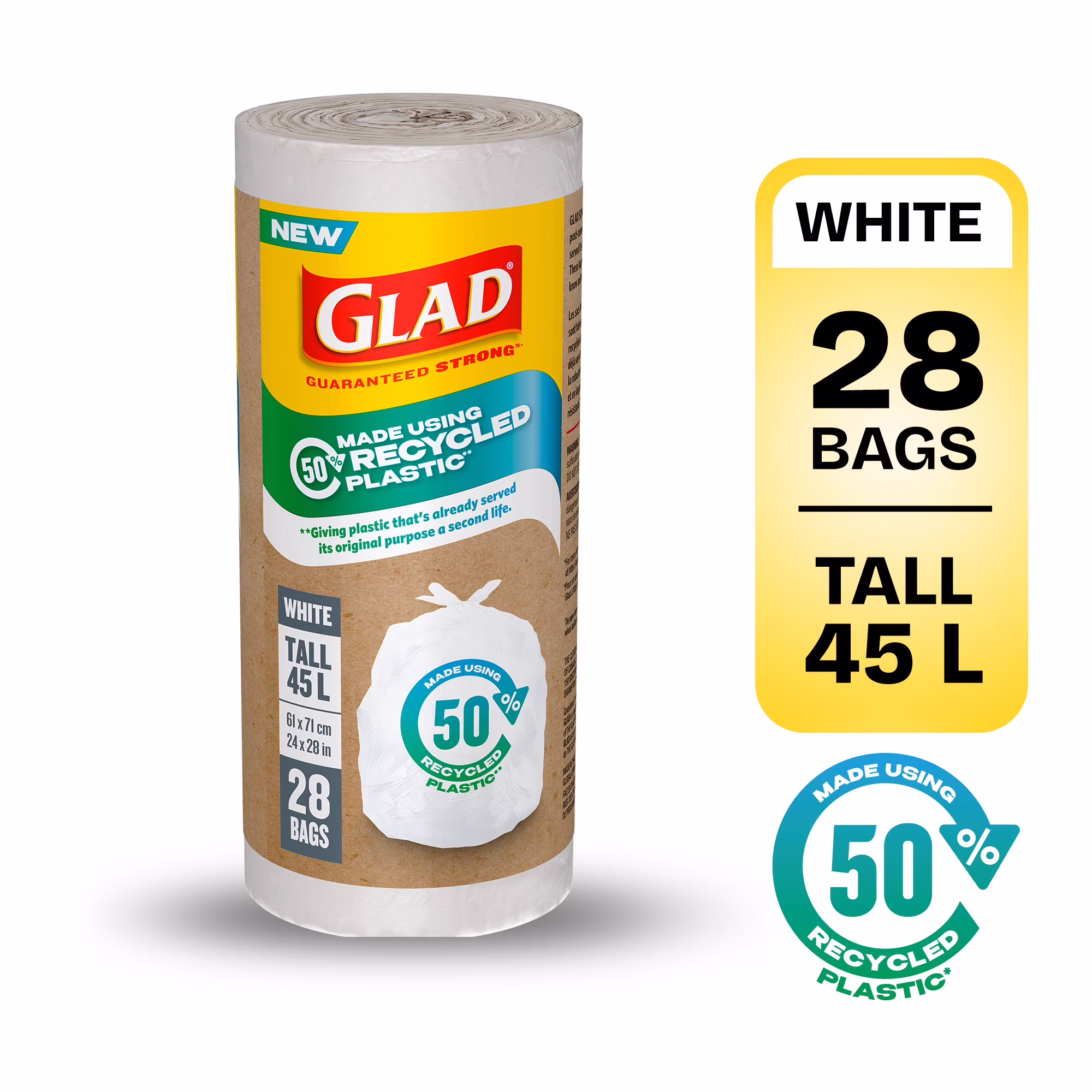 Sacs à ordures blancs glad  sacs longs de itres. faits à 50 % de plastique recyclé. rouleau de 28 sacs avec 50% de plastique recyclé