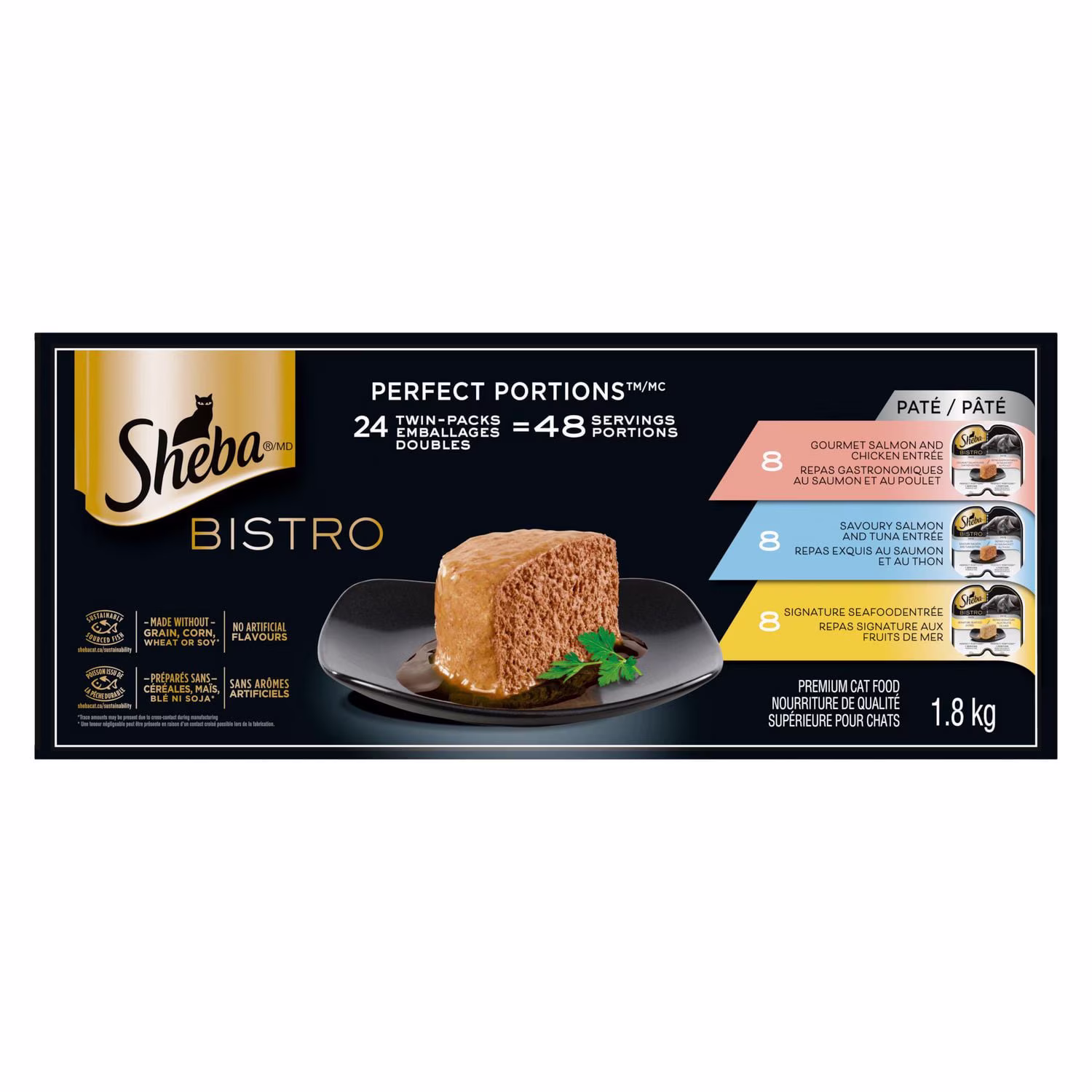 Sheba bistro portions parfaites saumon & poulet. saumon & thon savoureux et fruits de mer signature nourriture humide pour chats adultes pâté assortiment lot de 24