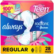 Serviettes always radiant. flux régulier. avec ailes. pour adolescentes. taille1. non parfumées. 28serviettes